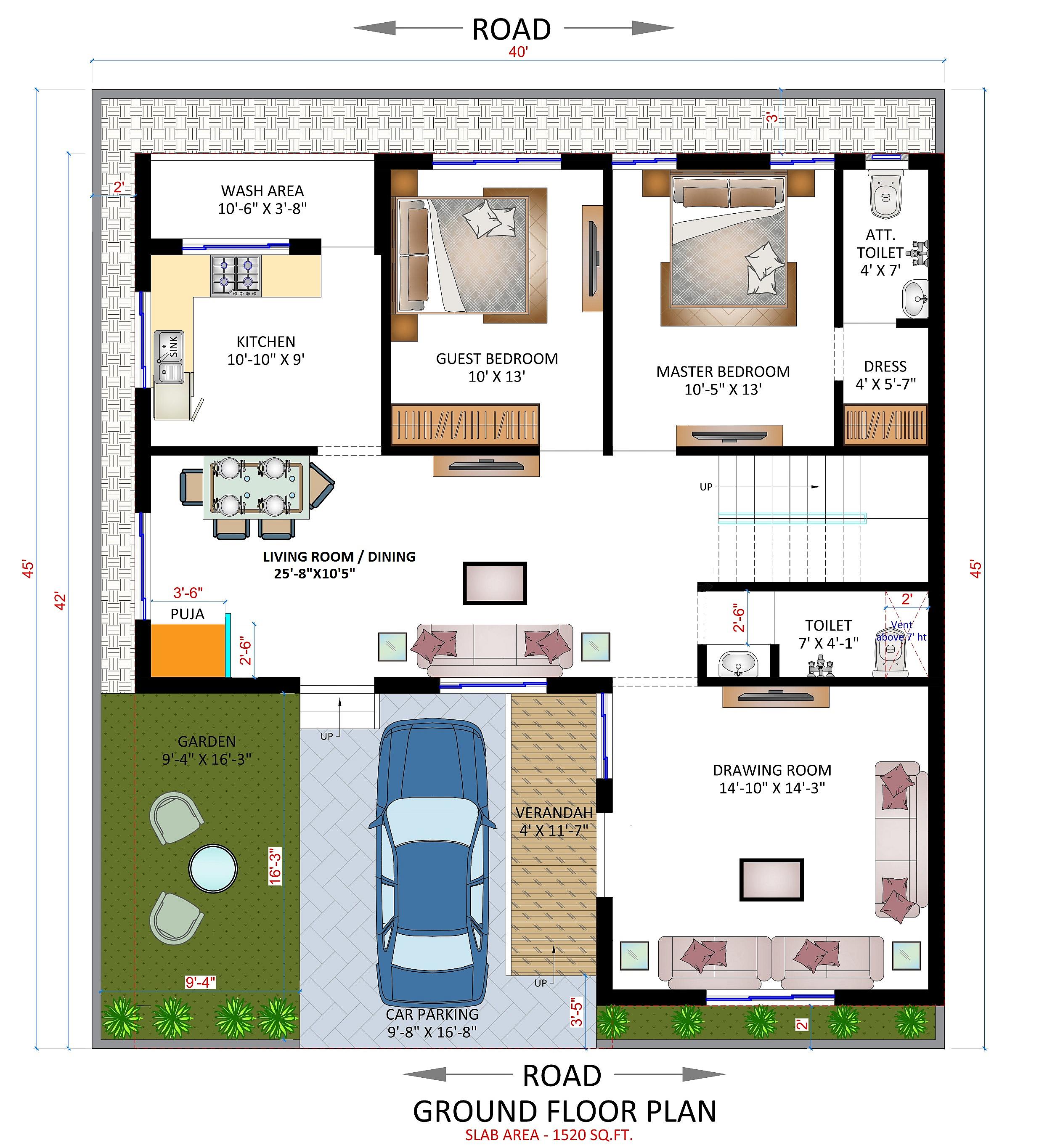 40X45 House Plan- 1800 sq ft Residential House Design at Mandsaur thumbnail 2 — Project ID 6488