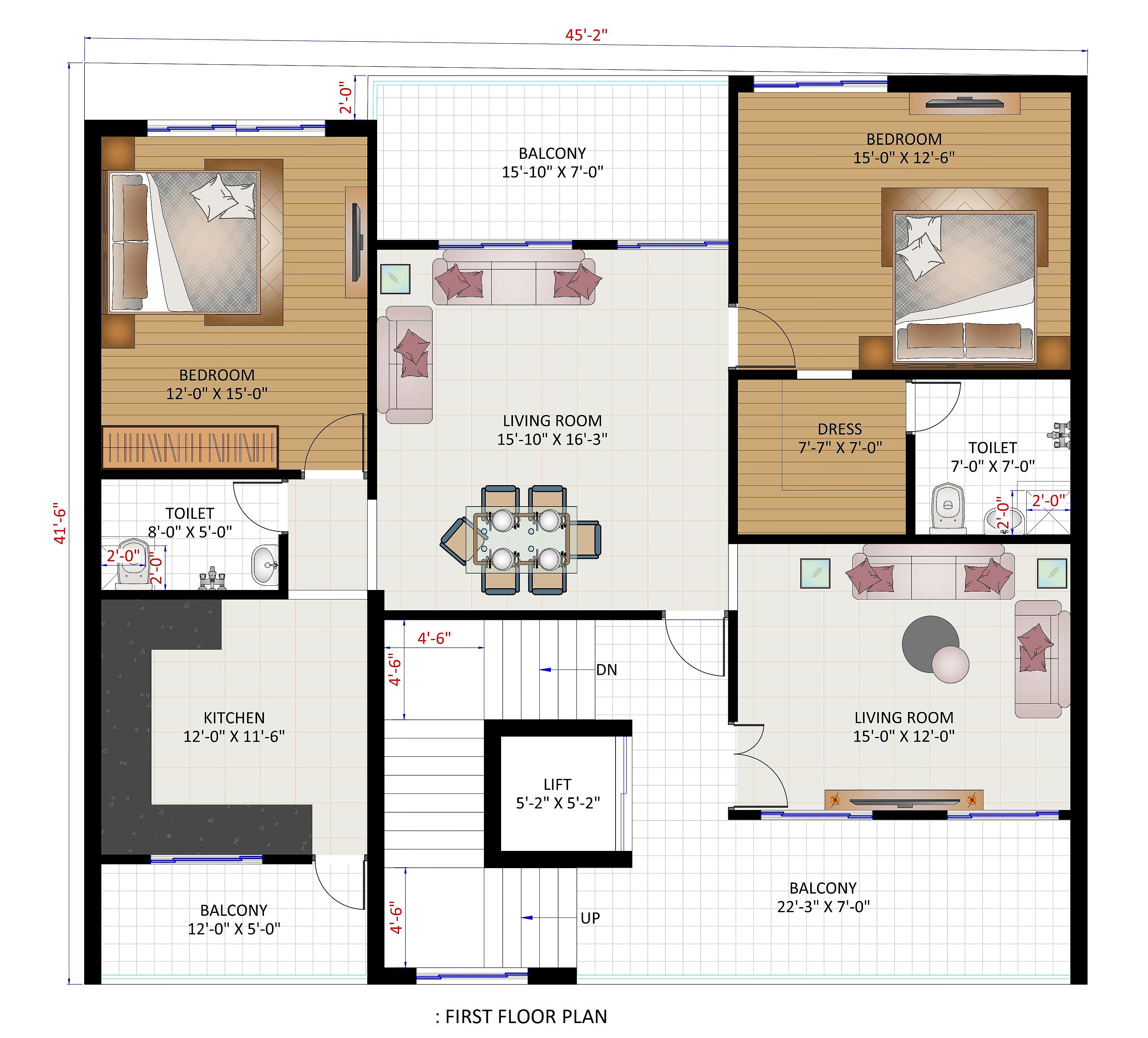 45X40 House Plan- 1800 sq ft Residential House Design at Banda thumbnail 3 — Project ID 6489