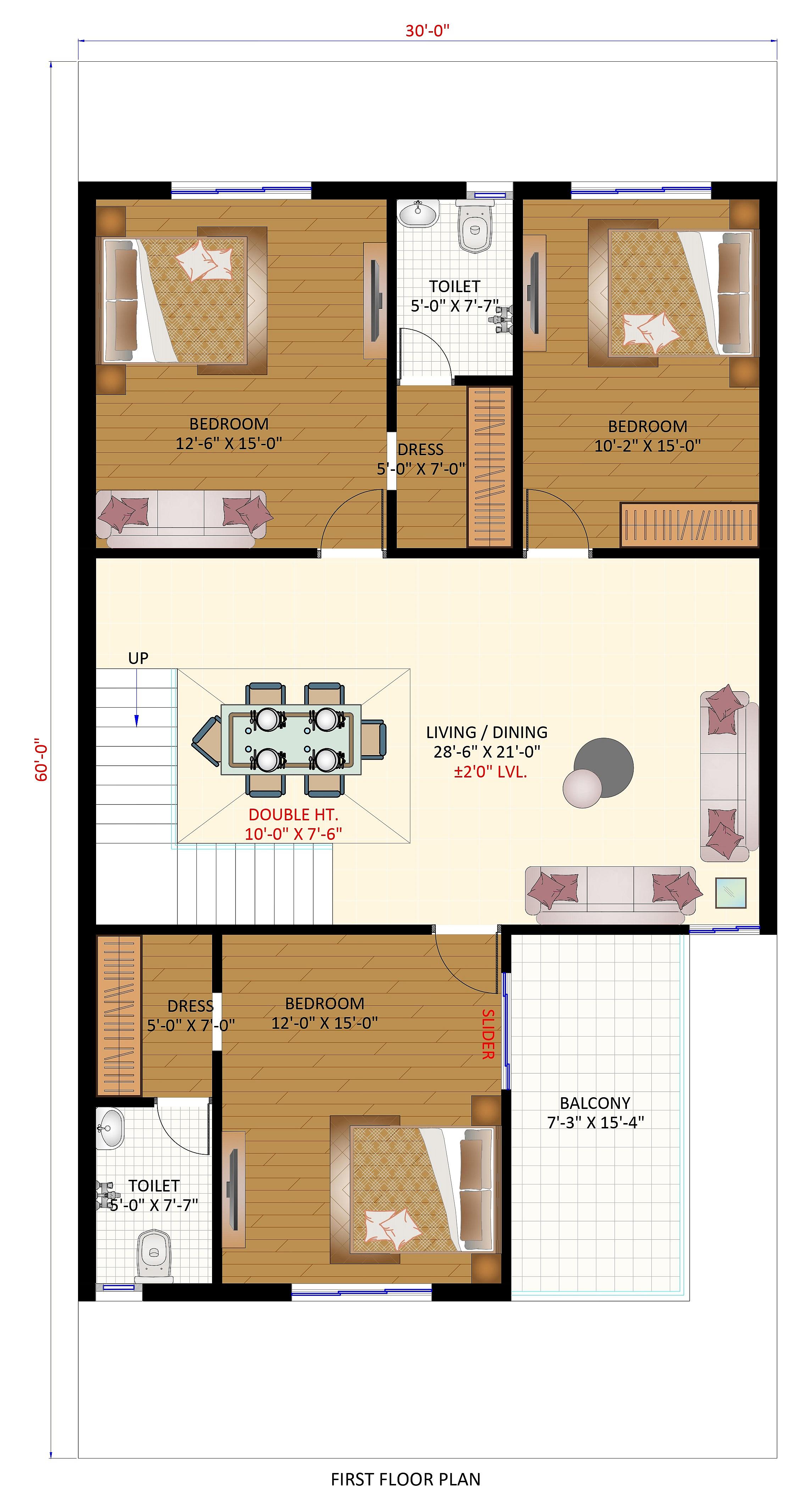 30X60 house plan- 1800 sqft Residential house design At Raipur thumbnail 3 — Project ID 6504