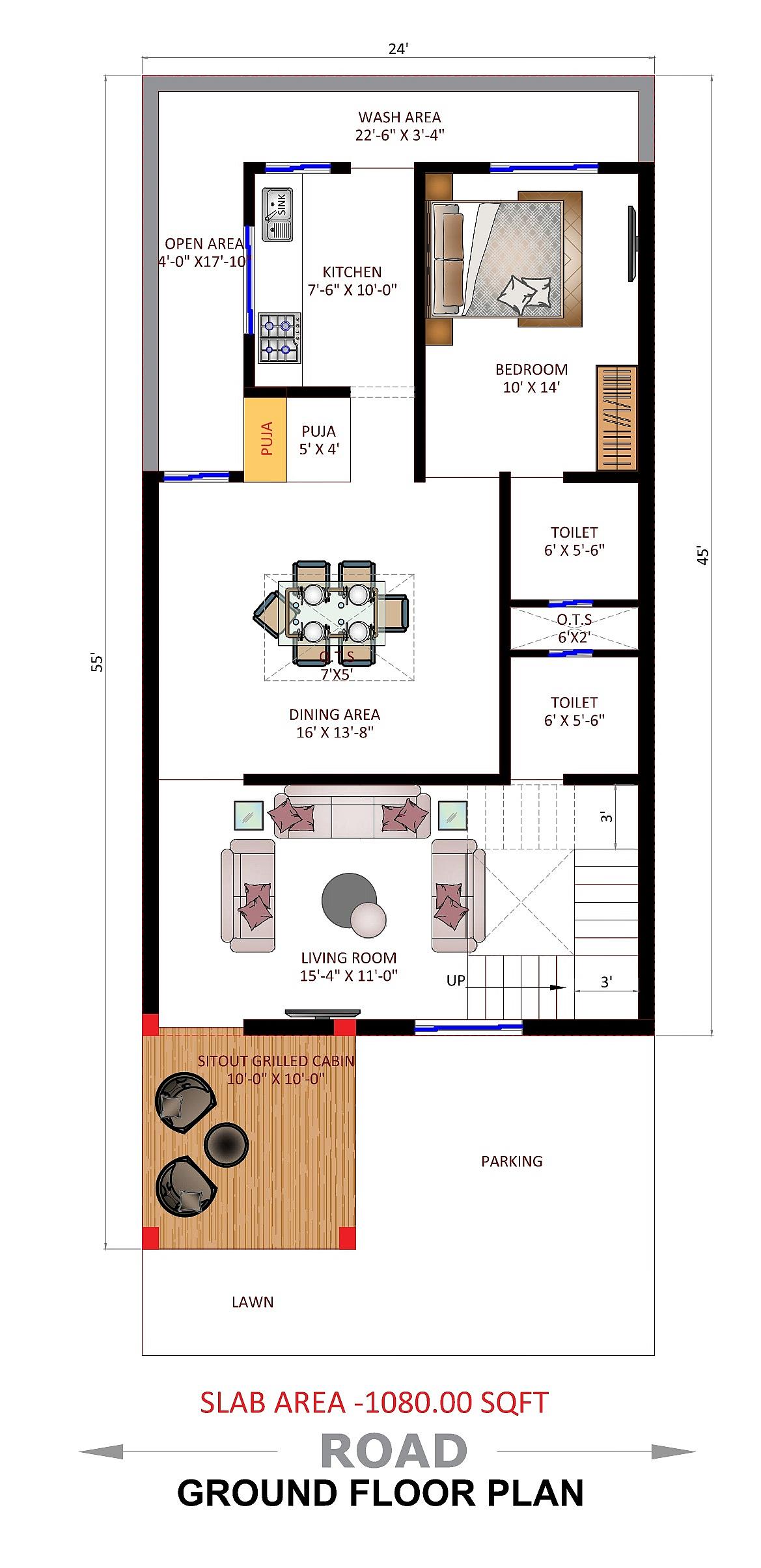 25X55 house plan- 1375 sqft Residential house design At Hyderabad [TG]