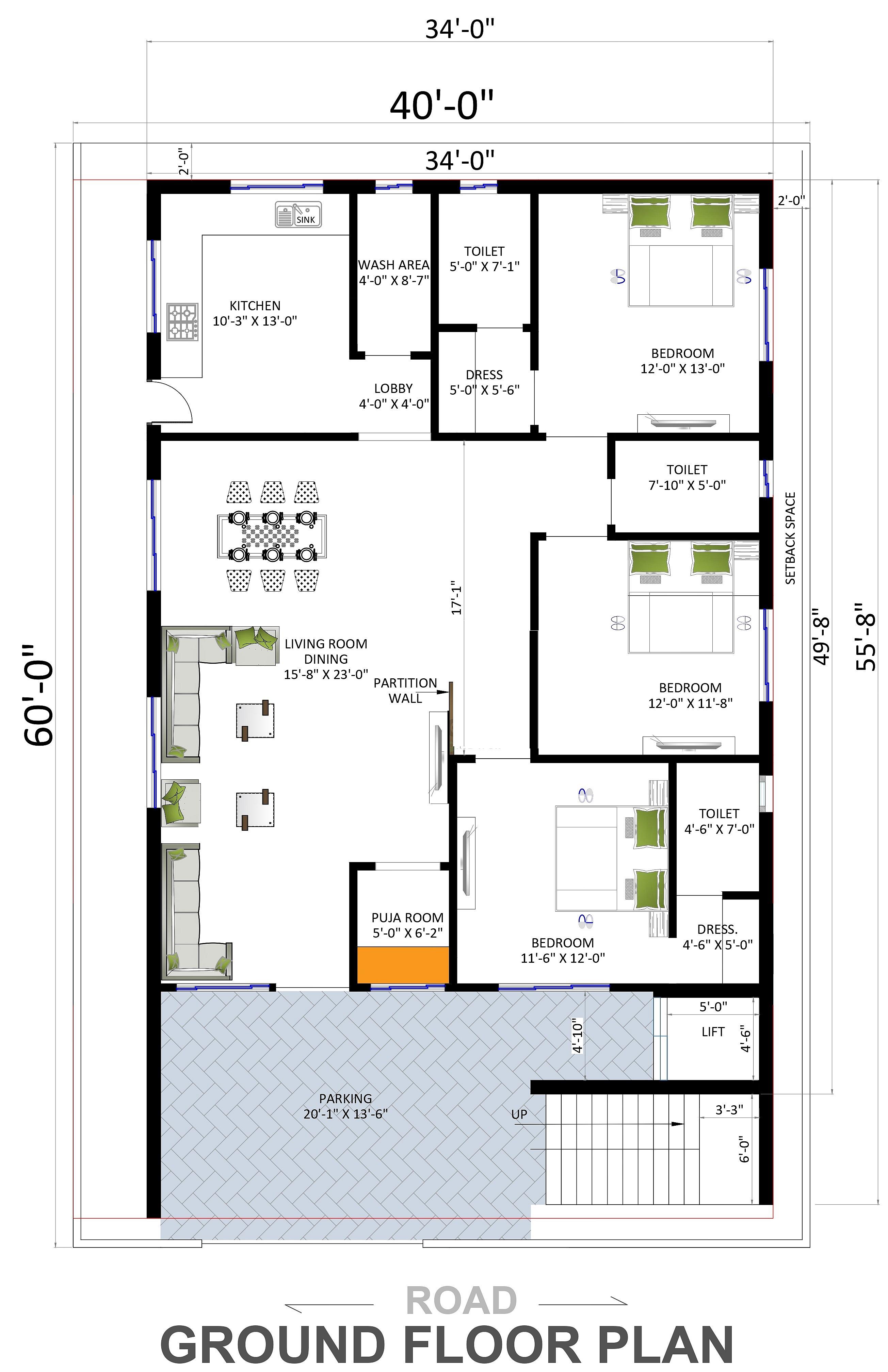 40X60 House Plan- 2400 sq ft Residential House Design at Puttur thumbnail 2 — Project ID 6533