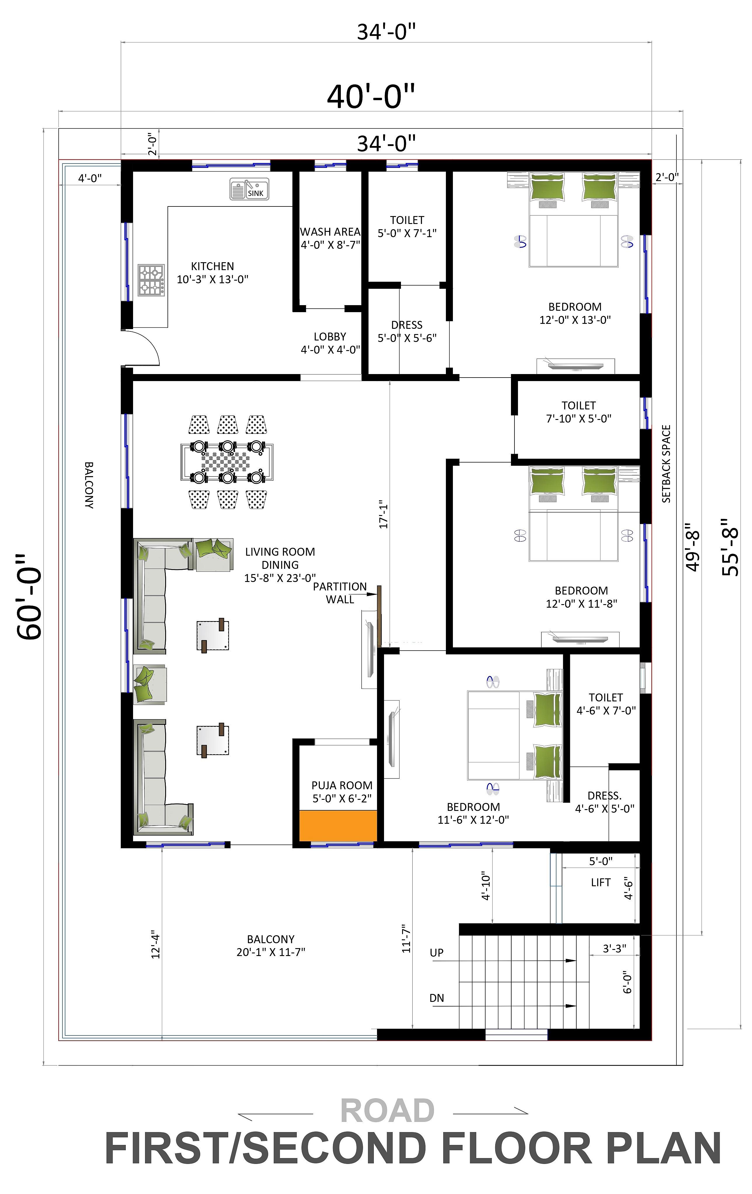 40X60 House Plan- 2400 sq ft Residential House Design at Puttur thumbnail 3 — Project ID 6533