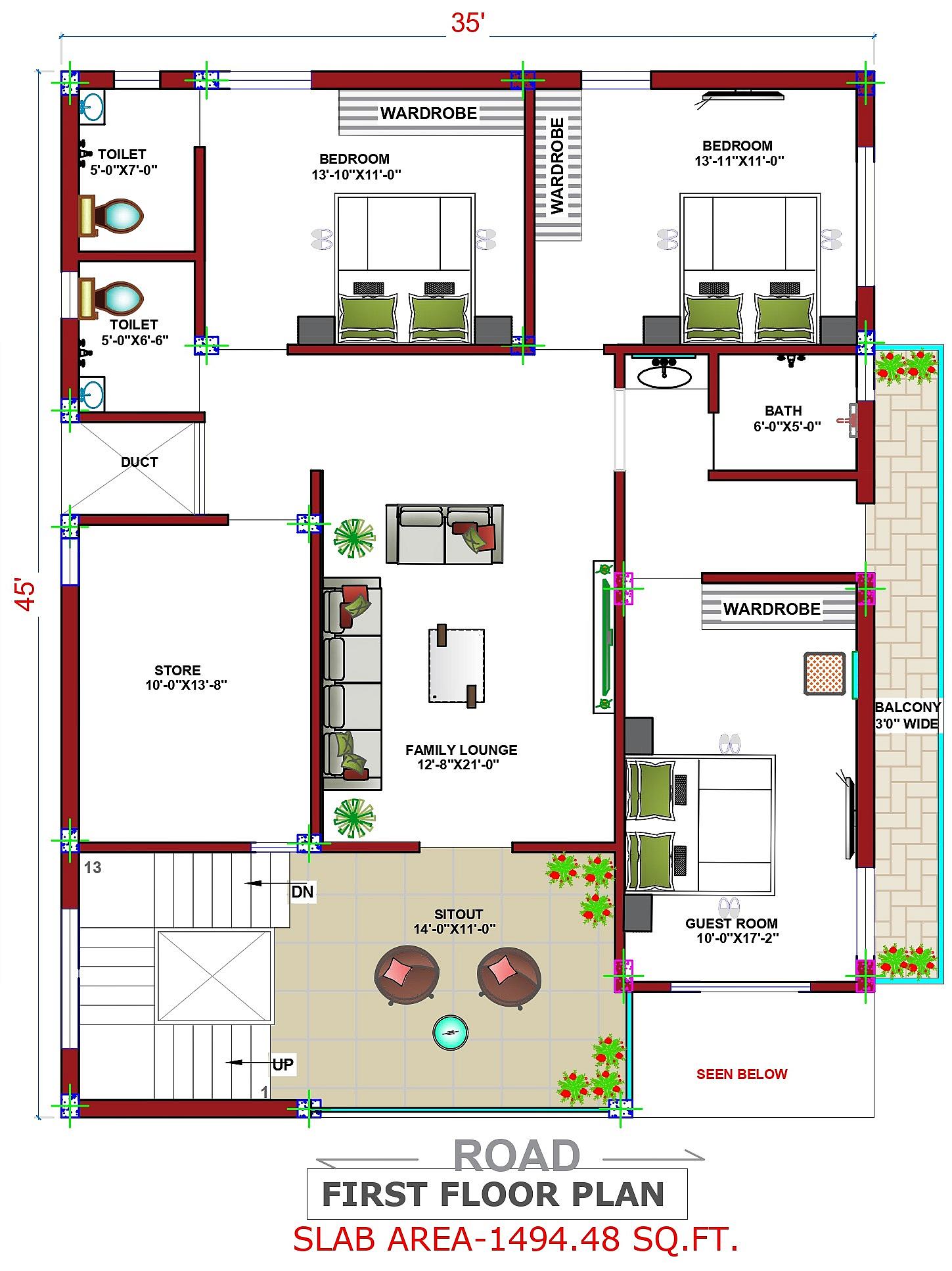35X45 House Plan- 1575 sq ft Residential House Design at Mumbai thumbnail 3 — Project ID 6554