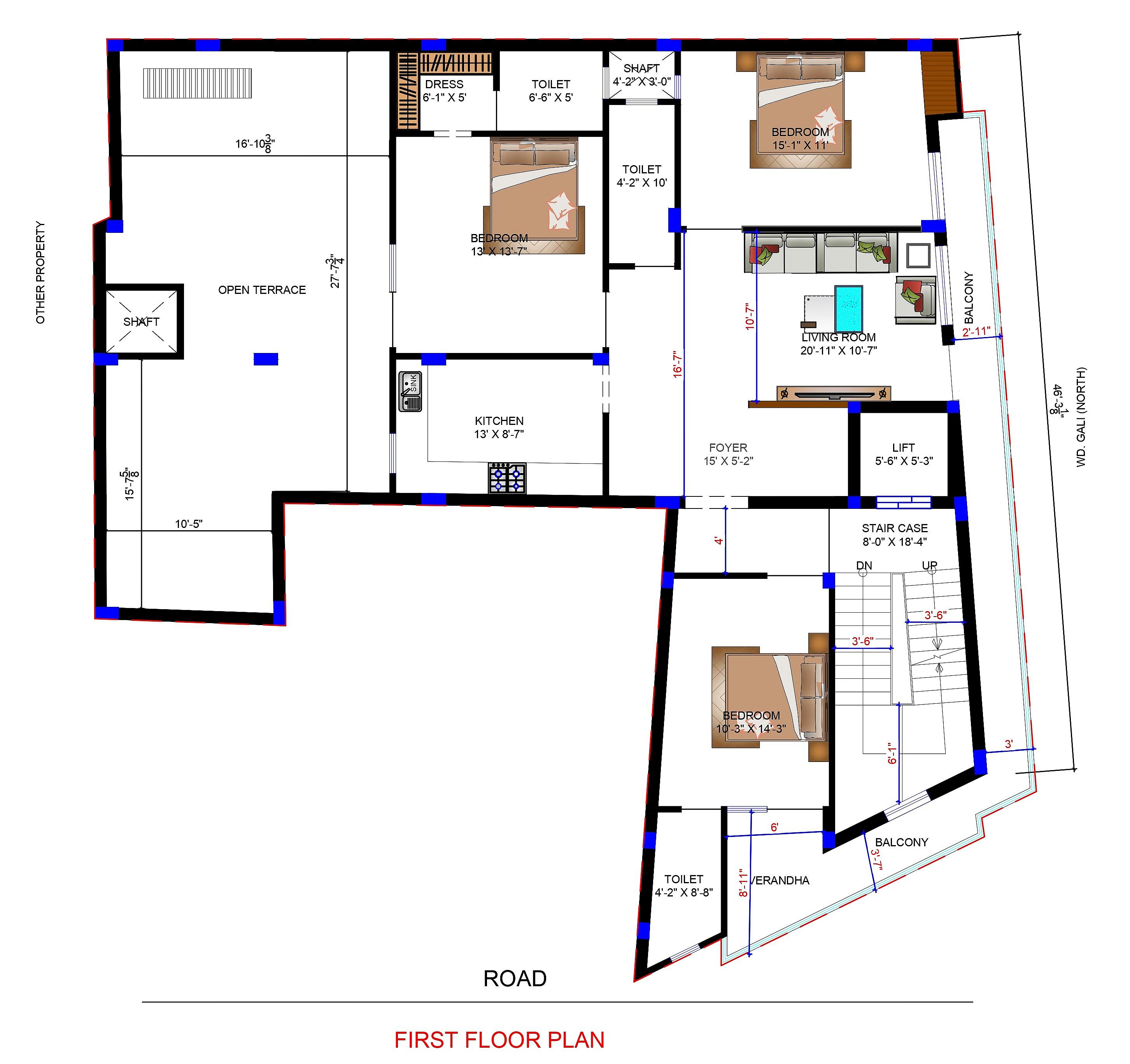 52X45 House Plan- 2340 sq ft Residential Cum Commercial House Design at Delhi thumbnail 2 — Project ID 6556
