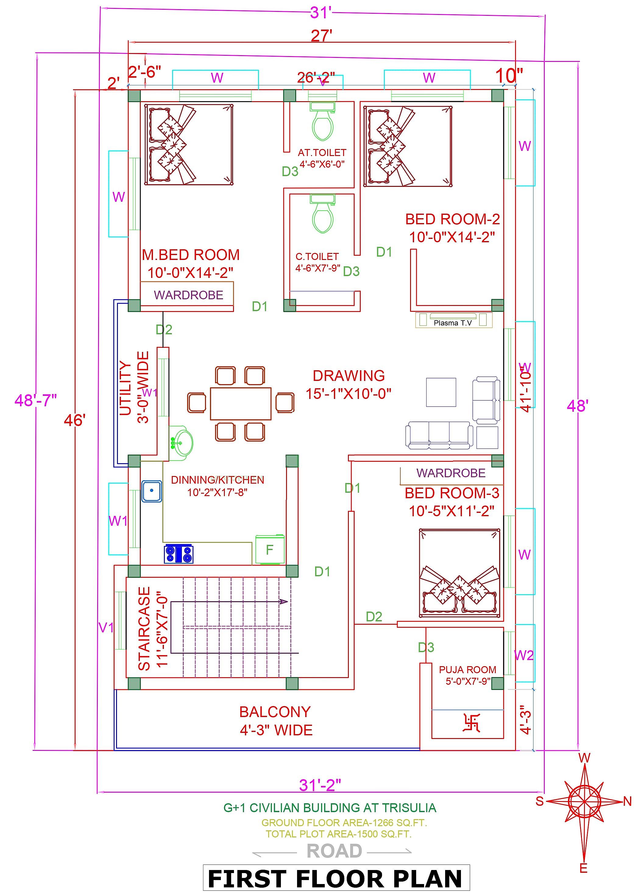 30X50 House Plan- 1500 sq ft Residential House Design at Cuttack thumbnail 3 — Project ID 6571