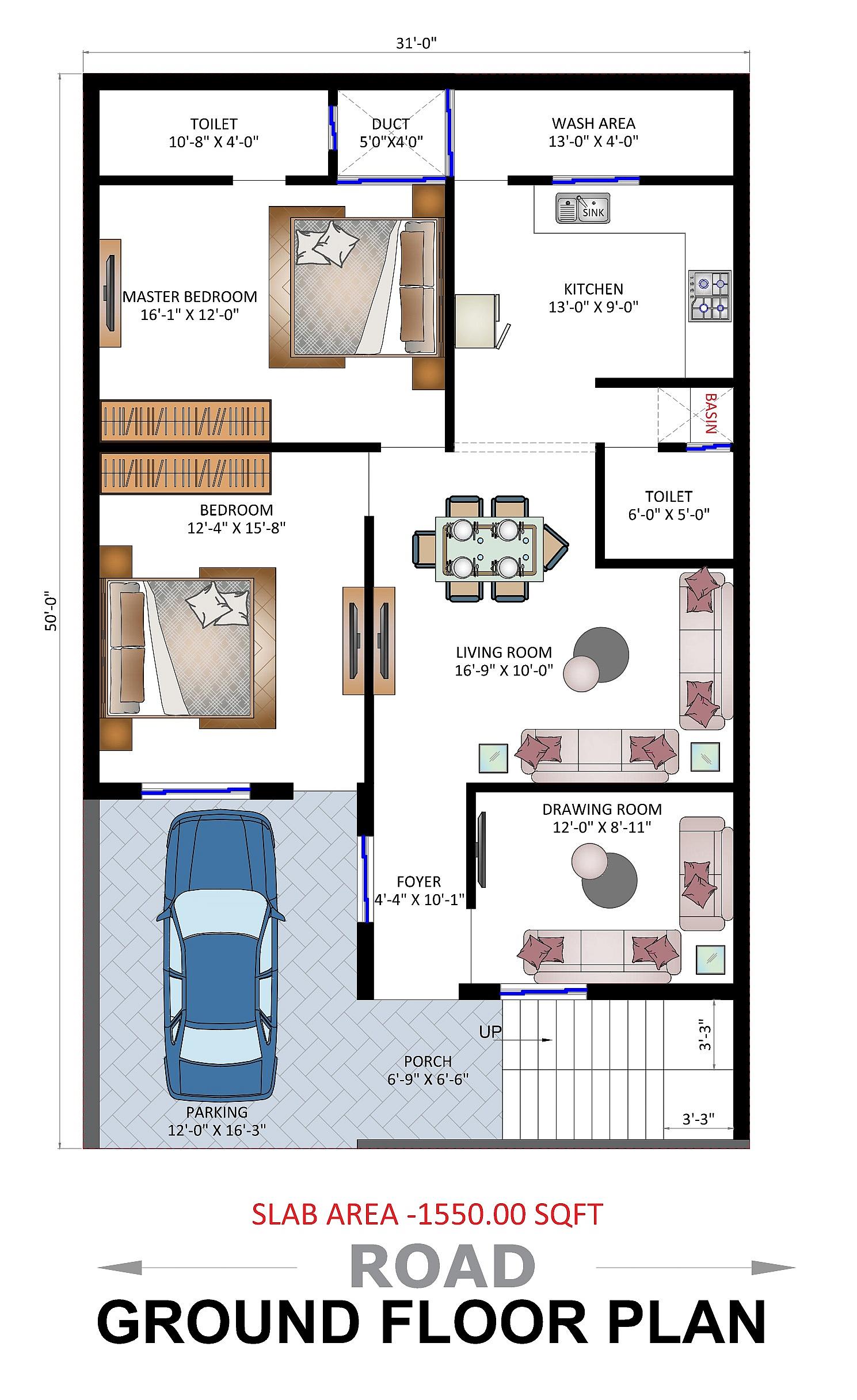 30X50 House Plan- 1500 sq ft Residential House Design at Indore [MP]