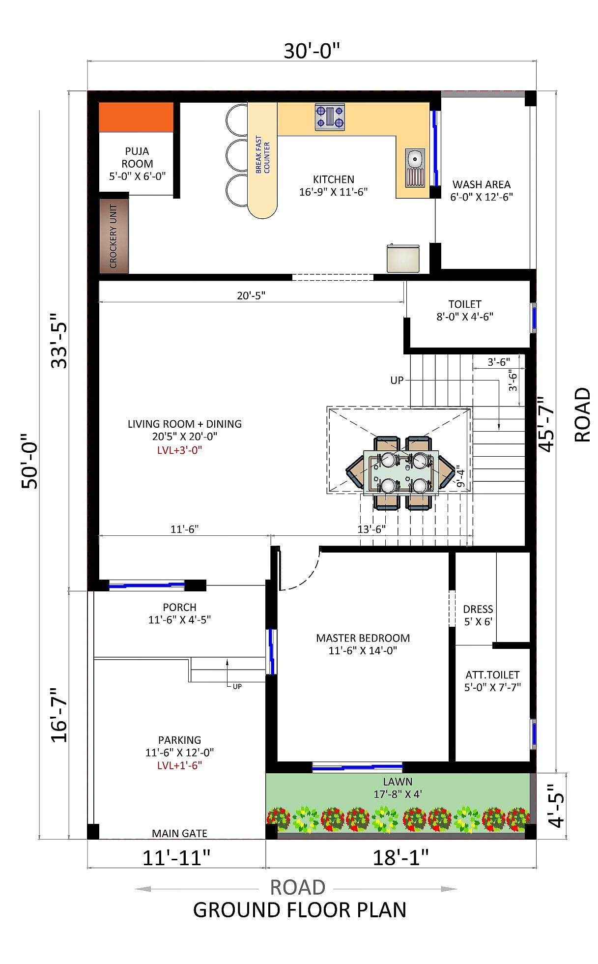30X50 House Plan- 1500 sq ft Residential House Design at Bhilai [CT]