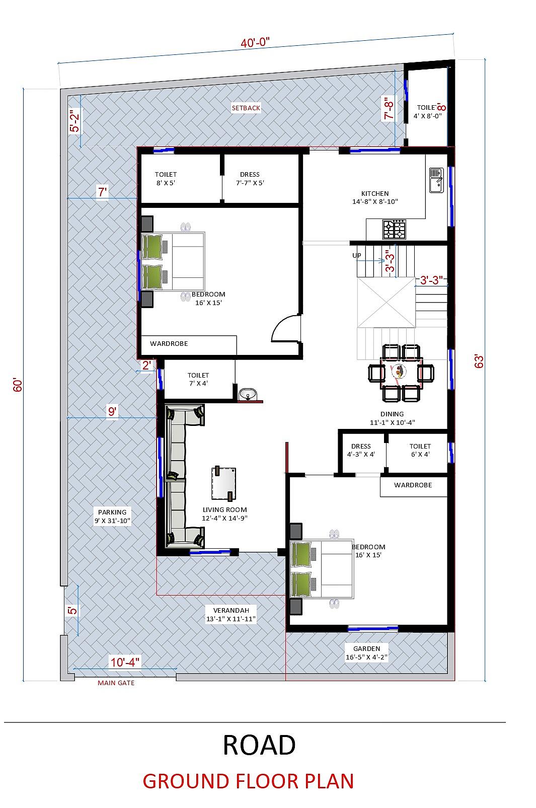 40X60 House Plan- 2400 sq ft Residential House Design at Chennai [TN]