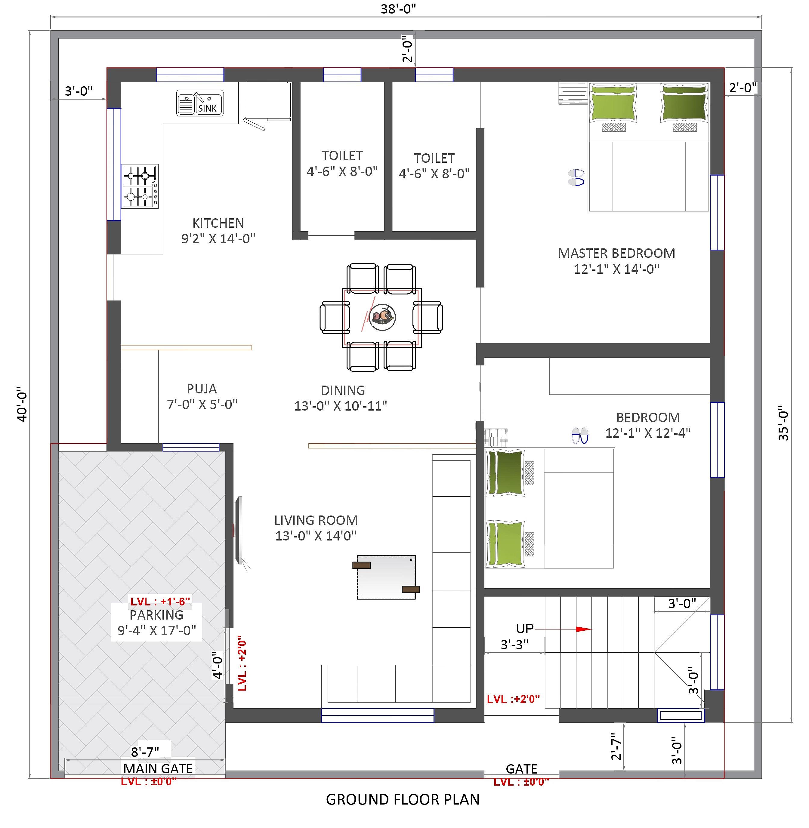 40X40 House Plan- 1600 sq ft Residential House Design at Manvi — photo 1 — Project ID 6594