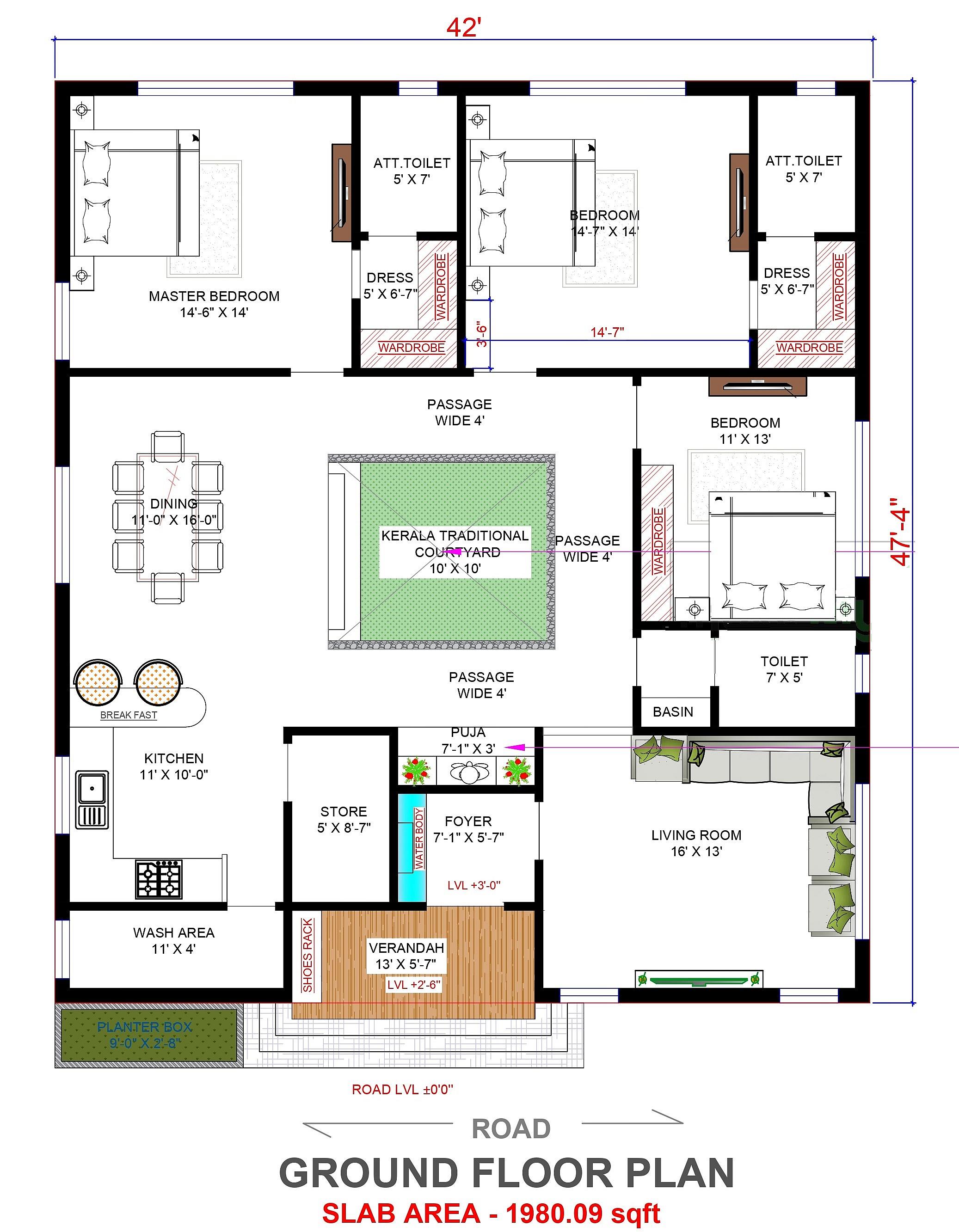 42X48 House Plan- 2016 sq ft Residential House Design at Udupi [KA]