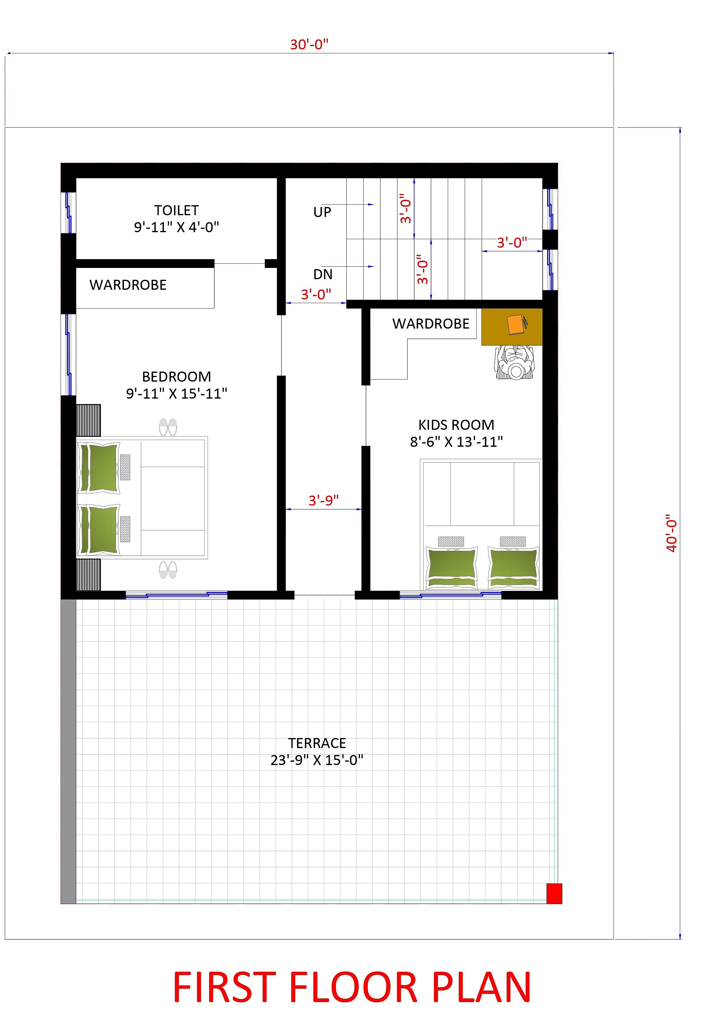 30X40 House Plan- 1200 sq ft Residential House Design at Bangalore thumbnail 3 — Project ID 6610