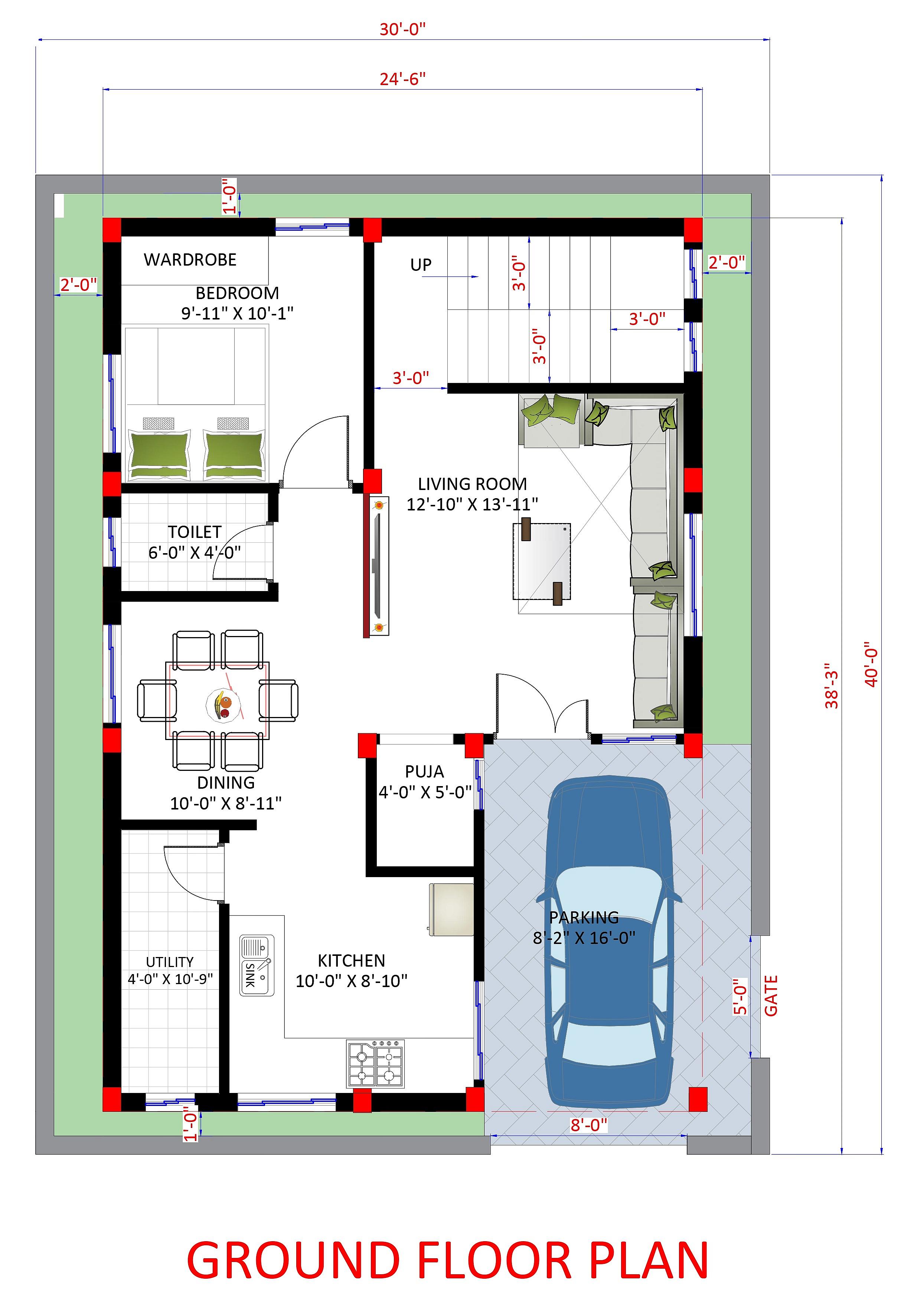 30X40 House Plan- 1200 sq ft Residential House Design at Bangalore thumbnail 2 — Project ID 6610