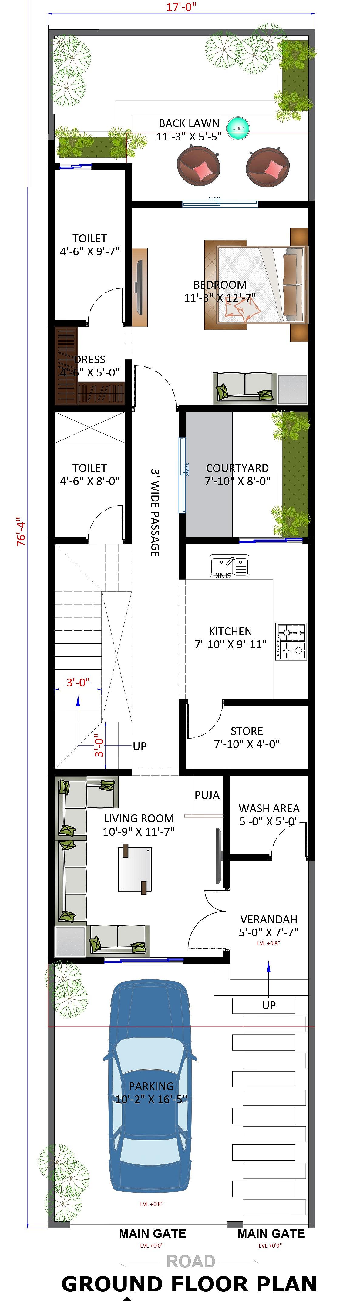 17X77 House Plan- 1309 sq ft Residential House Design at Haldwani thumbnail 2 — Project ID 6613