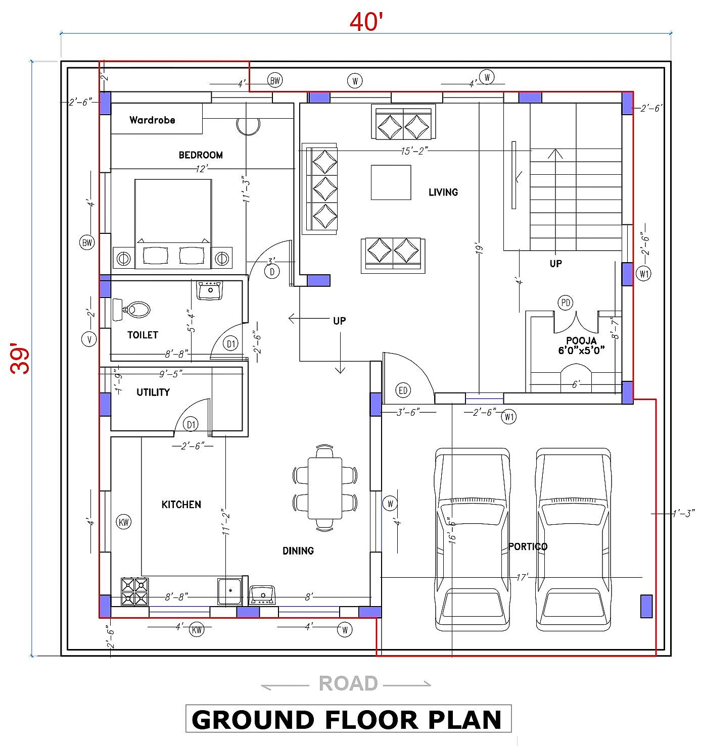 40X40 House Plan- 1600 sq ft Residential House Design at Bangalore thumbnail 2 — Project ID 6628