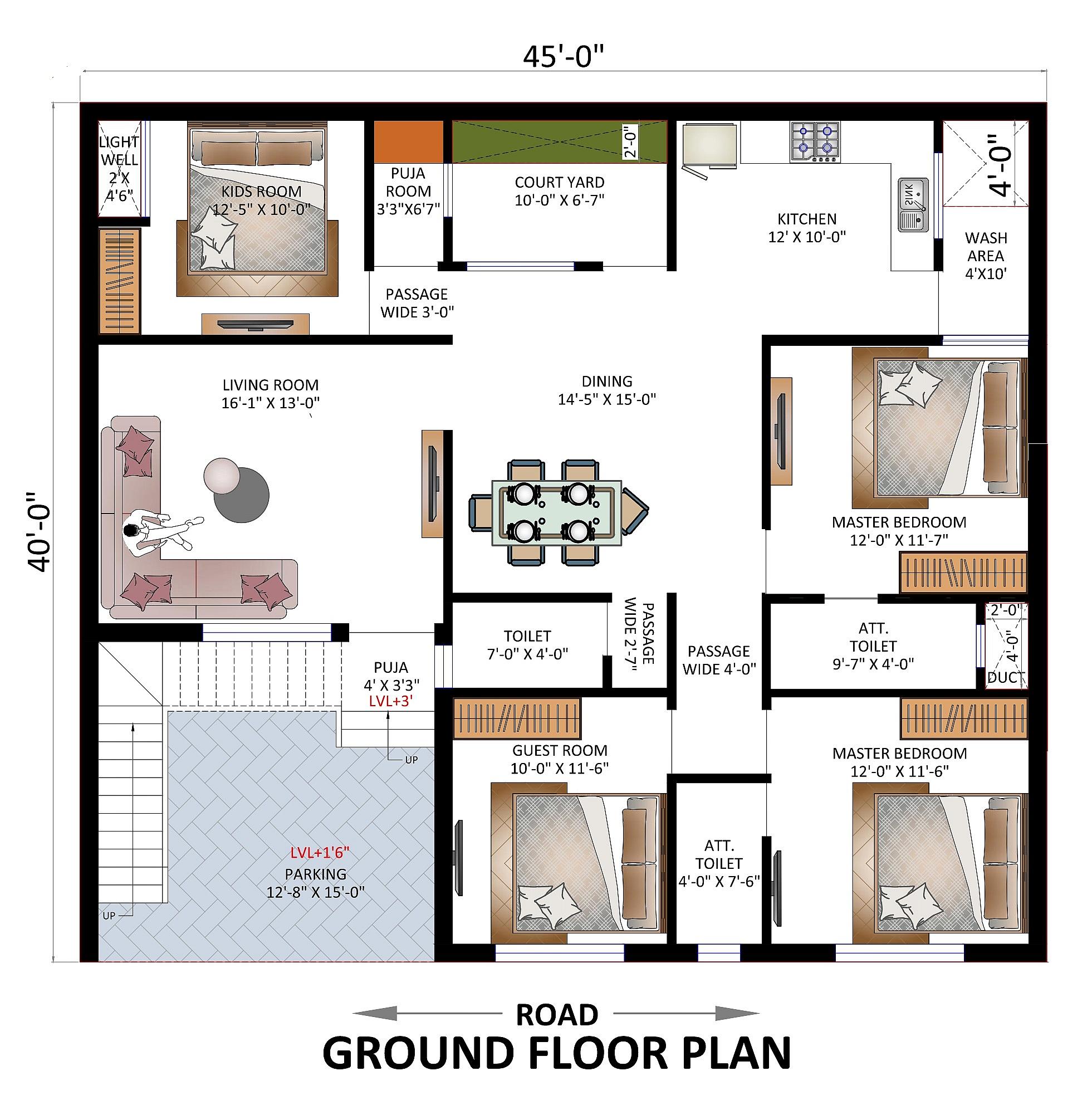 45X40 House Plan- 1800 sq ft Residential House Design at Bijnor [UP]