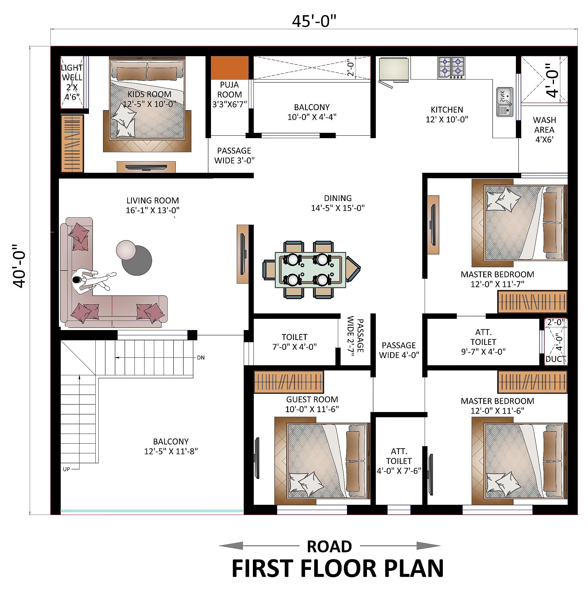 45X40 House Plan- 1800 sq ft Residential House Design at Bijnor thumbnail 2 — Project ID 6634
