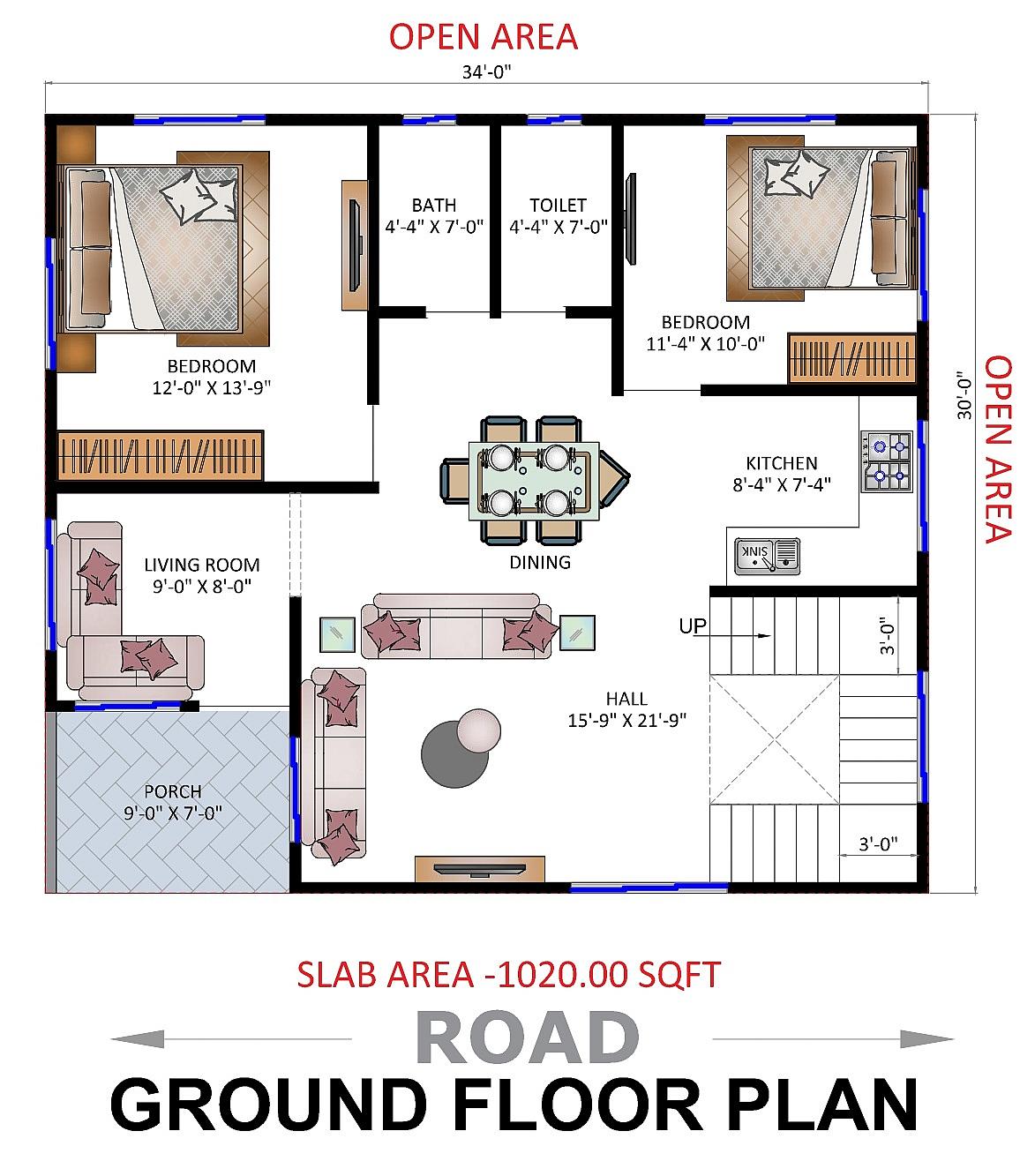 34X30 House Plan- 1020 sq ft Residential House Design at Gangarampur thumbnail 2 — Project ID 6636