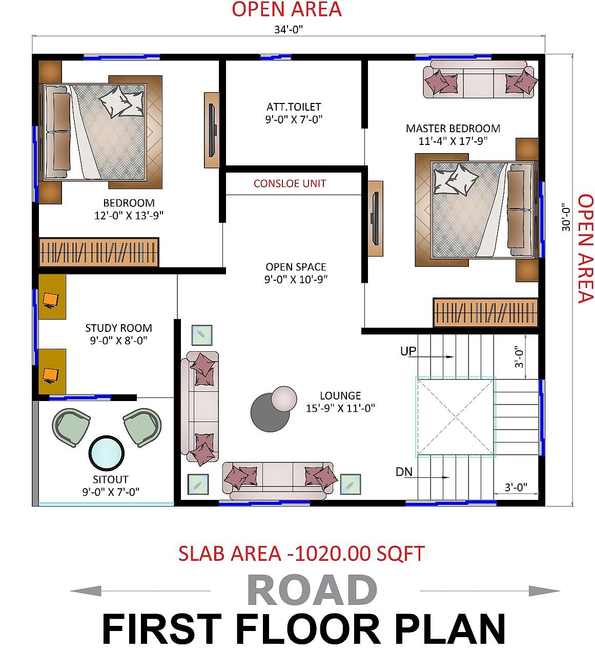 34X30 House Plan- 1020 sq ft Residential House Design at Gangarampur thumbnail 3 — Project ID 6636