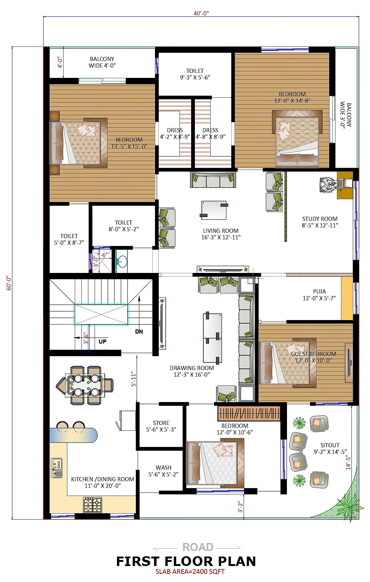 40X60 House Plan- 2400 sq ft Residential House Design at Faizabad thumbnail 3 — Project ID 6641