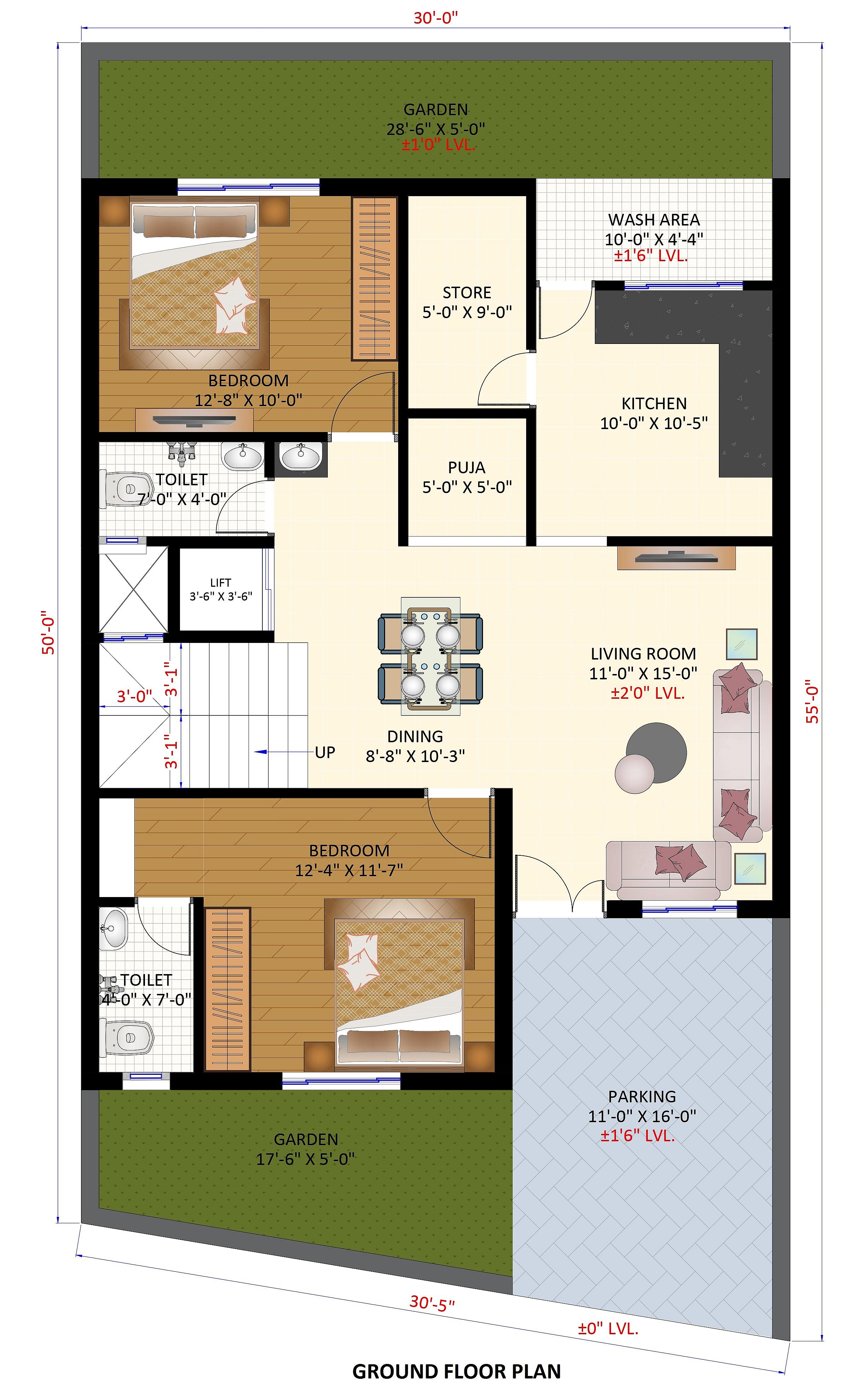 30X50 House Plan- 1500 sq ft Residential House Design at Banglore [KA]