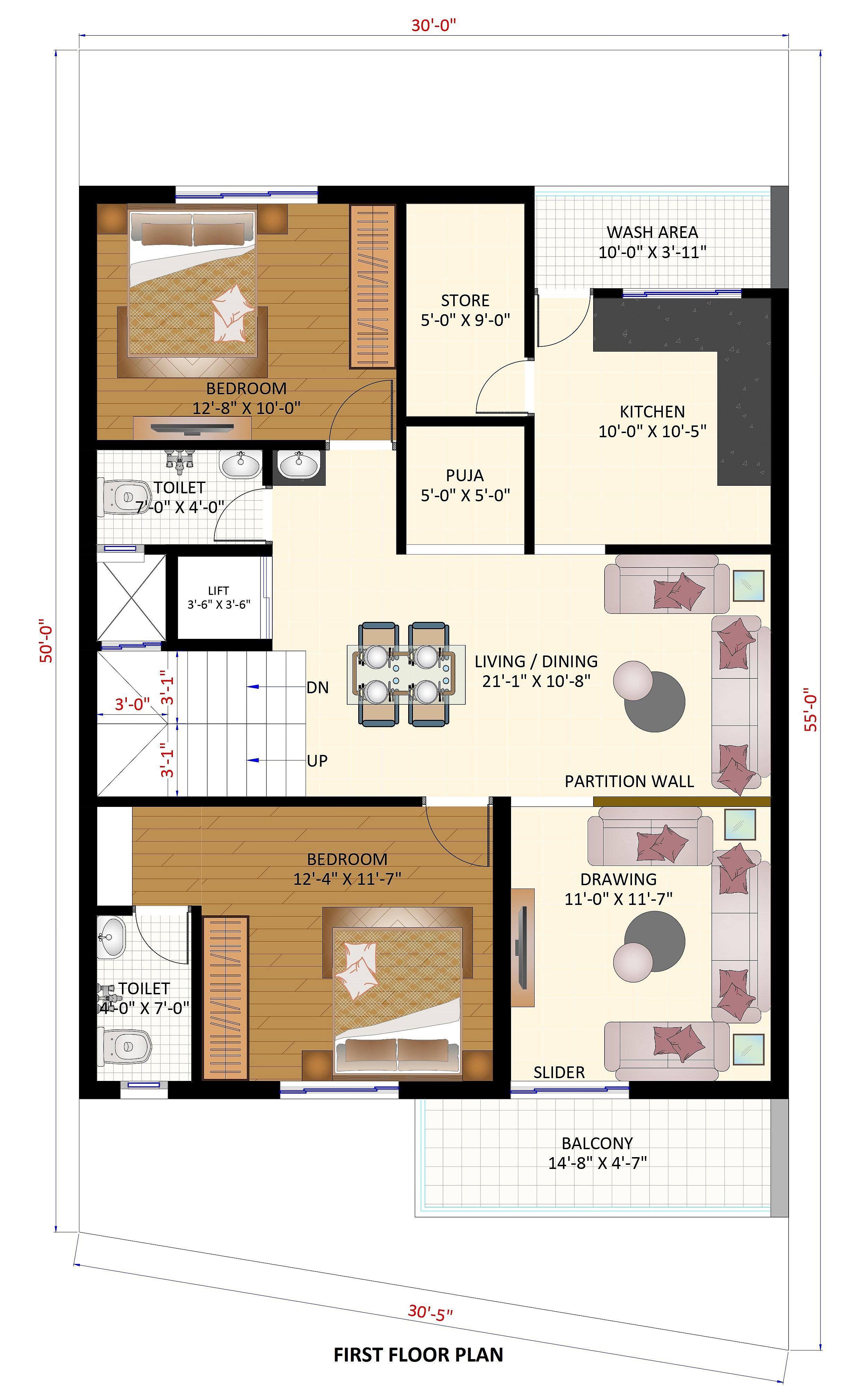 30X50 House Plan- 1500 sq ft Residential House Design at Banglore thumbnail 2 — Project ID 6645