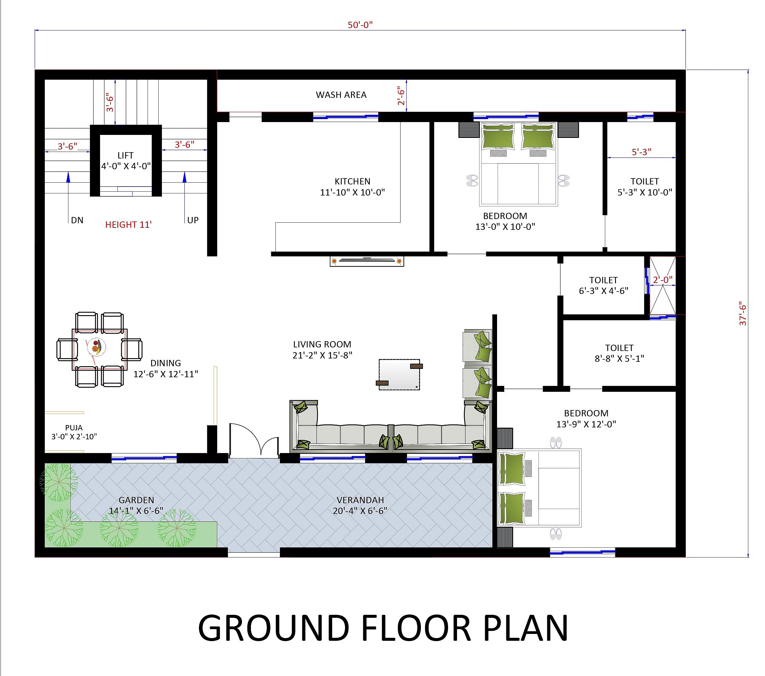 50X40 House Plan- 2000 sq ft Residential House Design at Yamuna Nagar thumbnail 2 — Project ID 6648