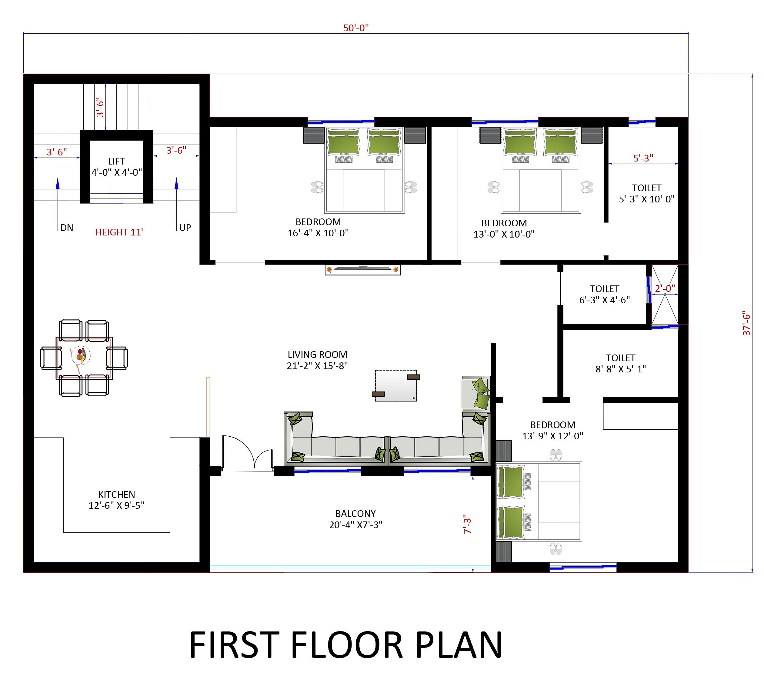 50X40 House Plan- 2000 sq ft Residential House Design at Yamuna Nagar thumbnail 3 — Project ID 6648