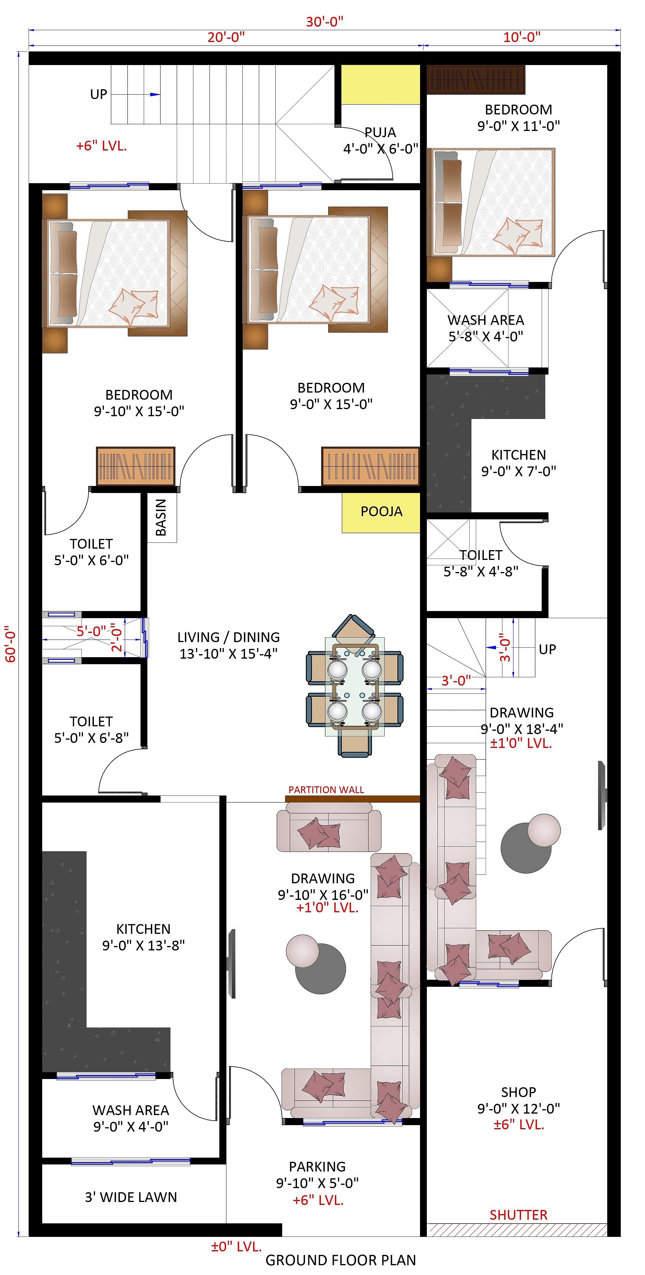 30X60 House With Shop Plan- 1800 sq ft Residential Cum Commercial House Design at Ujjain thumbnail 2 — Project ID 6655
