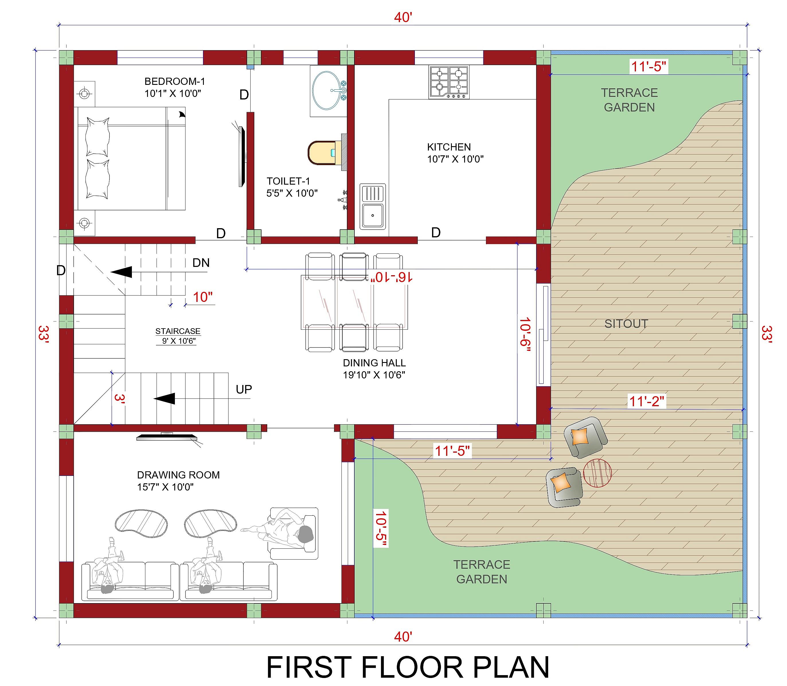 40X33 House Plan- 1320 sq ft Residential House Design at Basahiya Ram thumbnail 3 — Project ID 6657