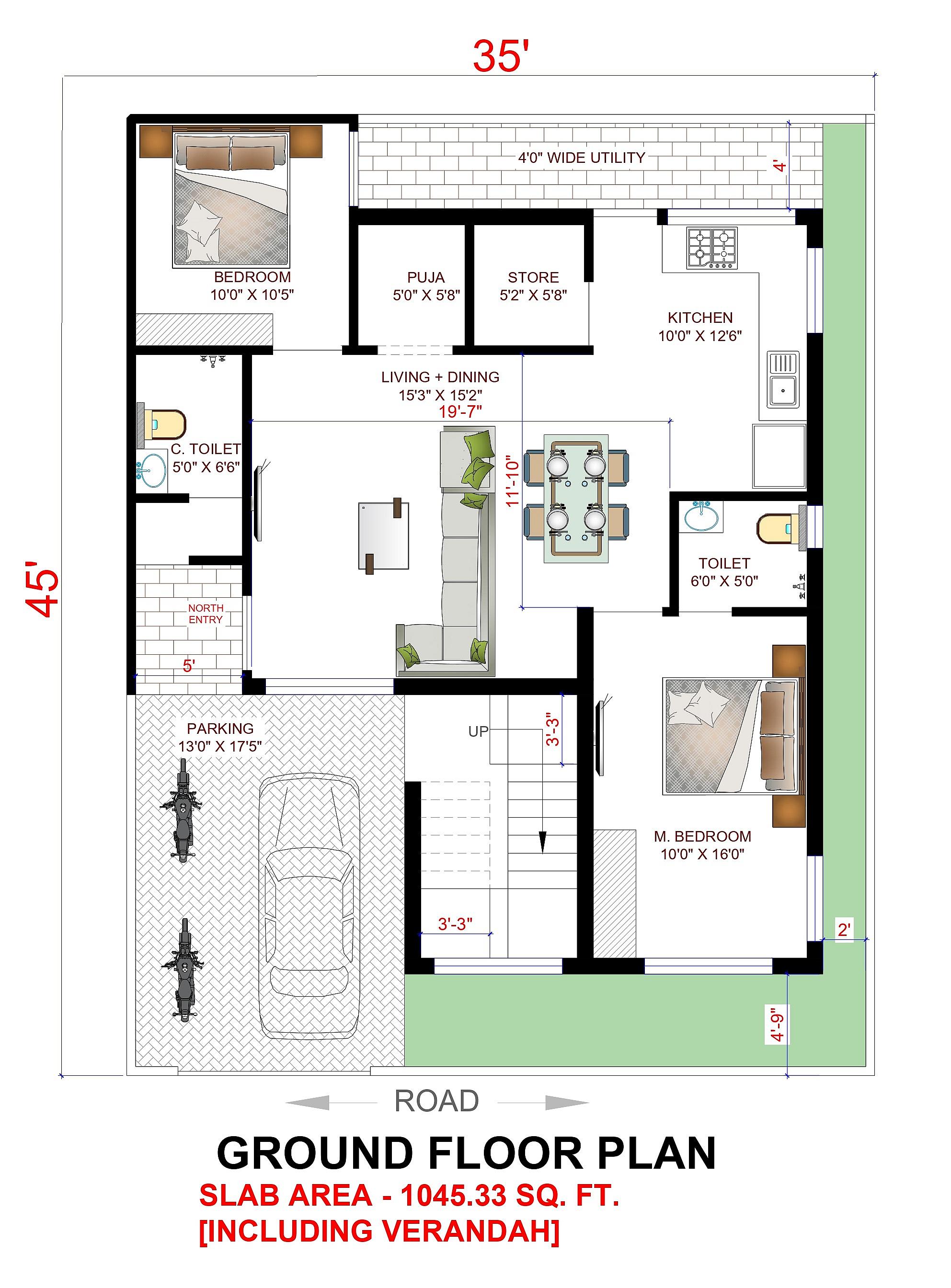 35X45 House Plan- 1575 sq ft Residential House Design at Coimbatore [TN]