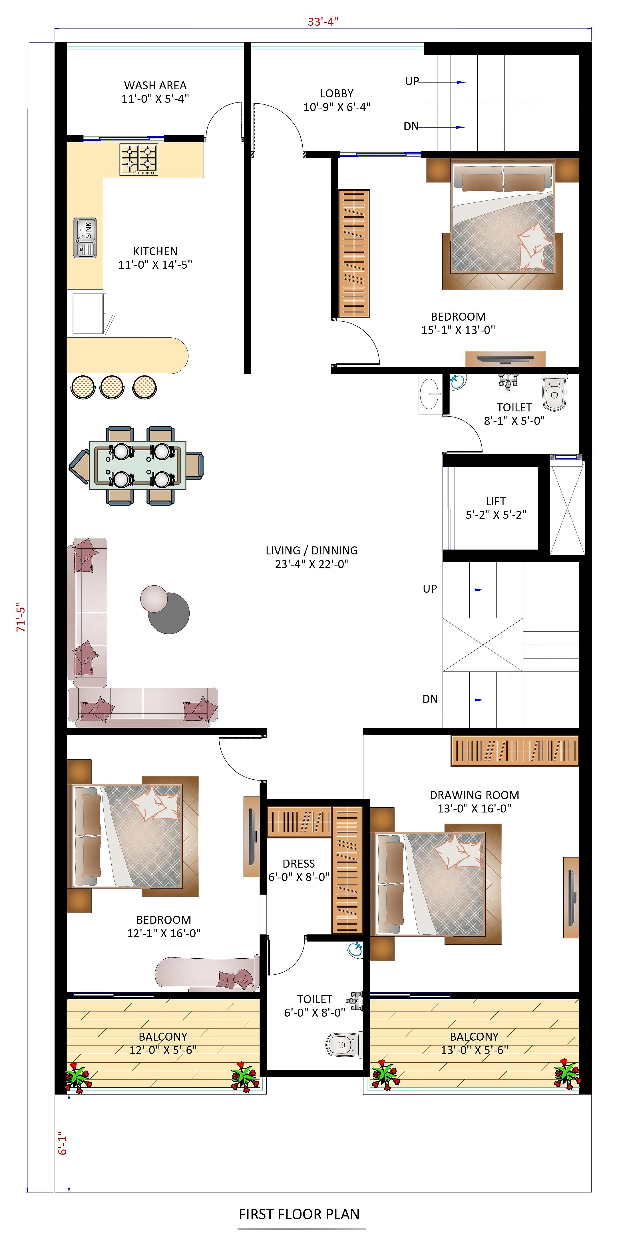 34X70 House Plan- 2380 sq ft Residential House Design at NewDelhi thumbnail 2 — Project ID 6707