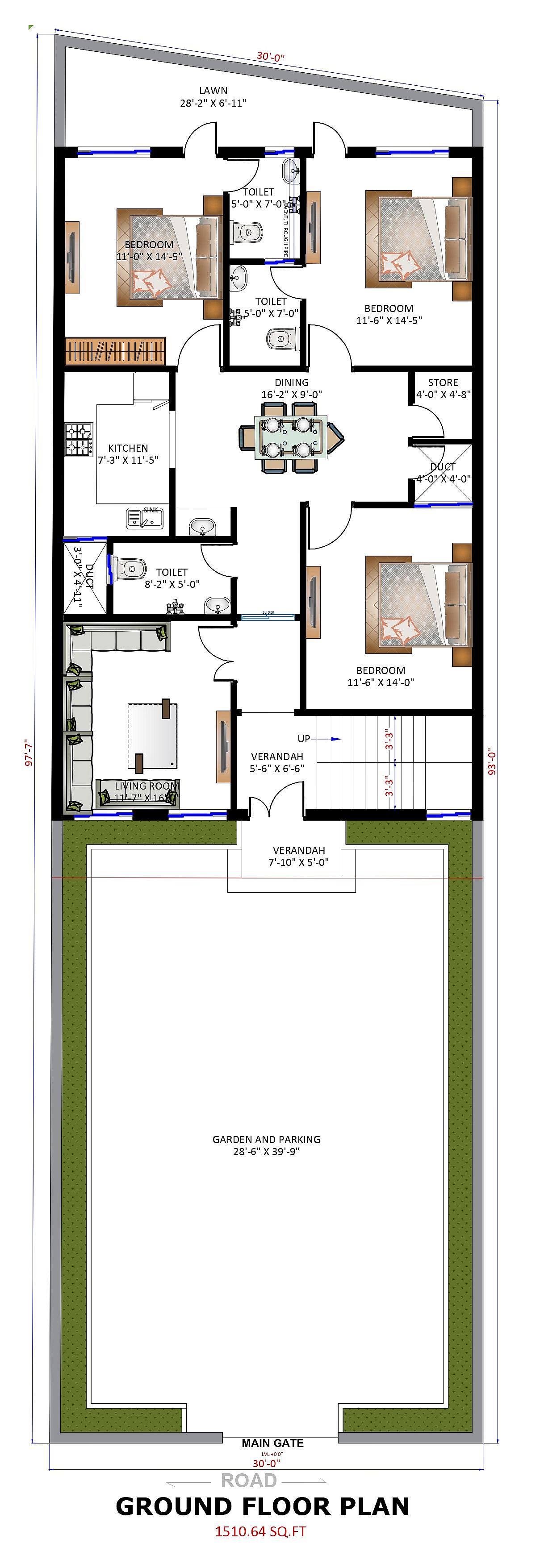 30X100 House Plan- 3000 sq ft Residential House Design At Lucknow thumbnail 2 — Project ID 6714