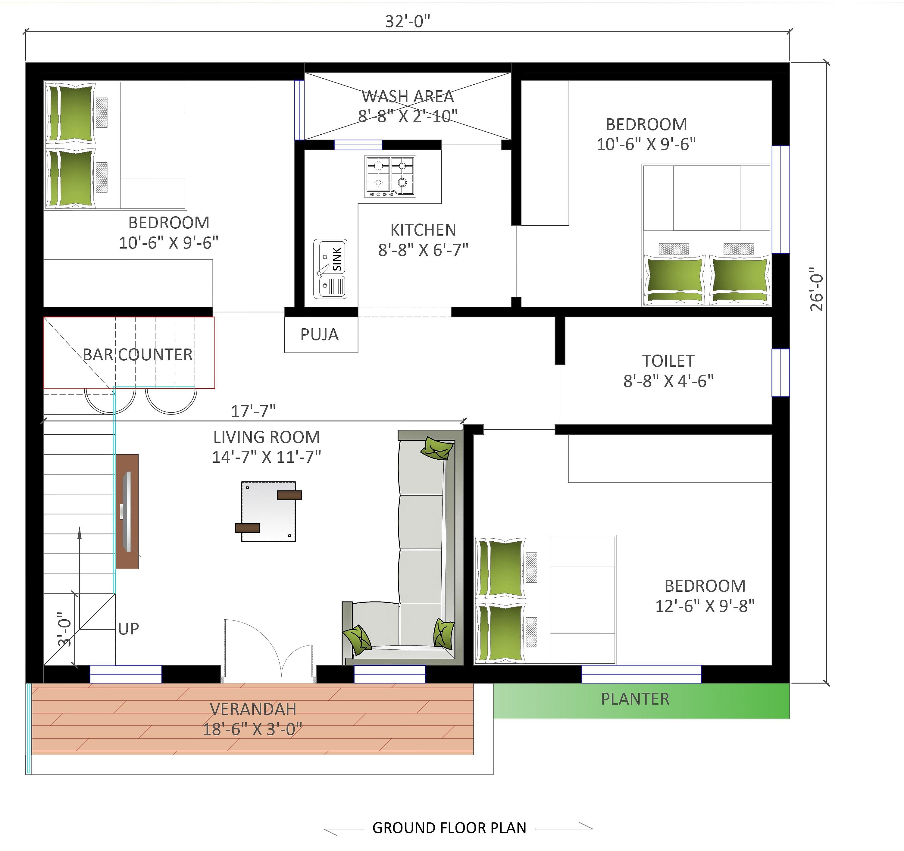 32X26 House Plan- 832 sq ft Residential House Design at Garhwal Division — photo 2 — Project ID 6715