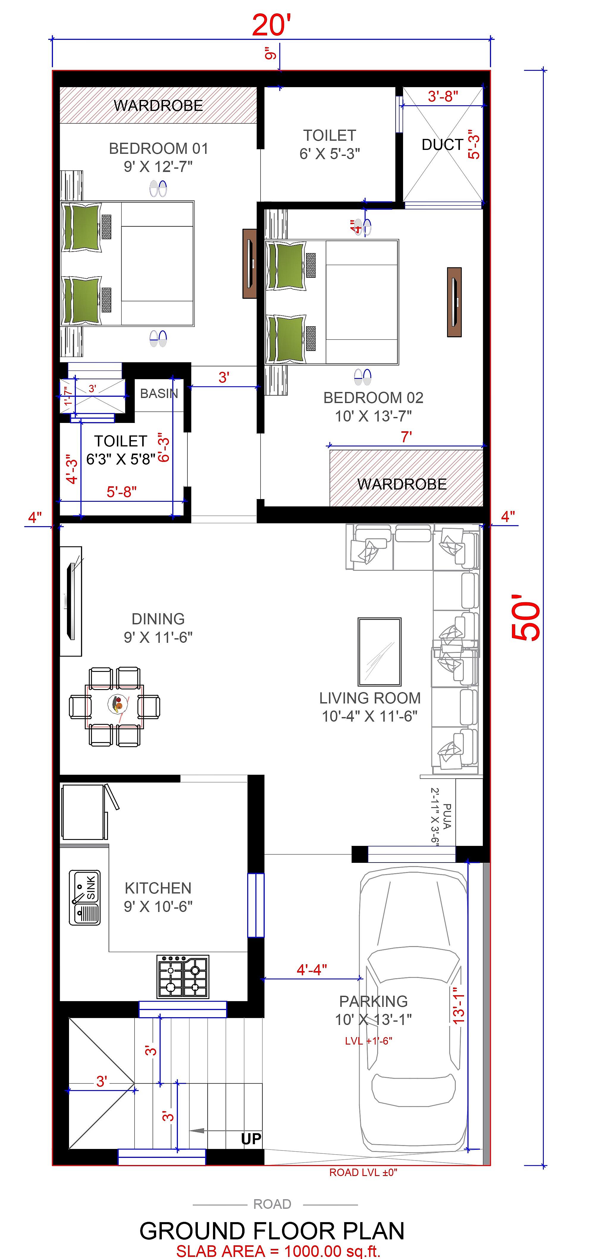 20X50 House Plan- 1000 sq ft Residential House Design at Ludhiana thumbnail 2 — Project ID 6717