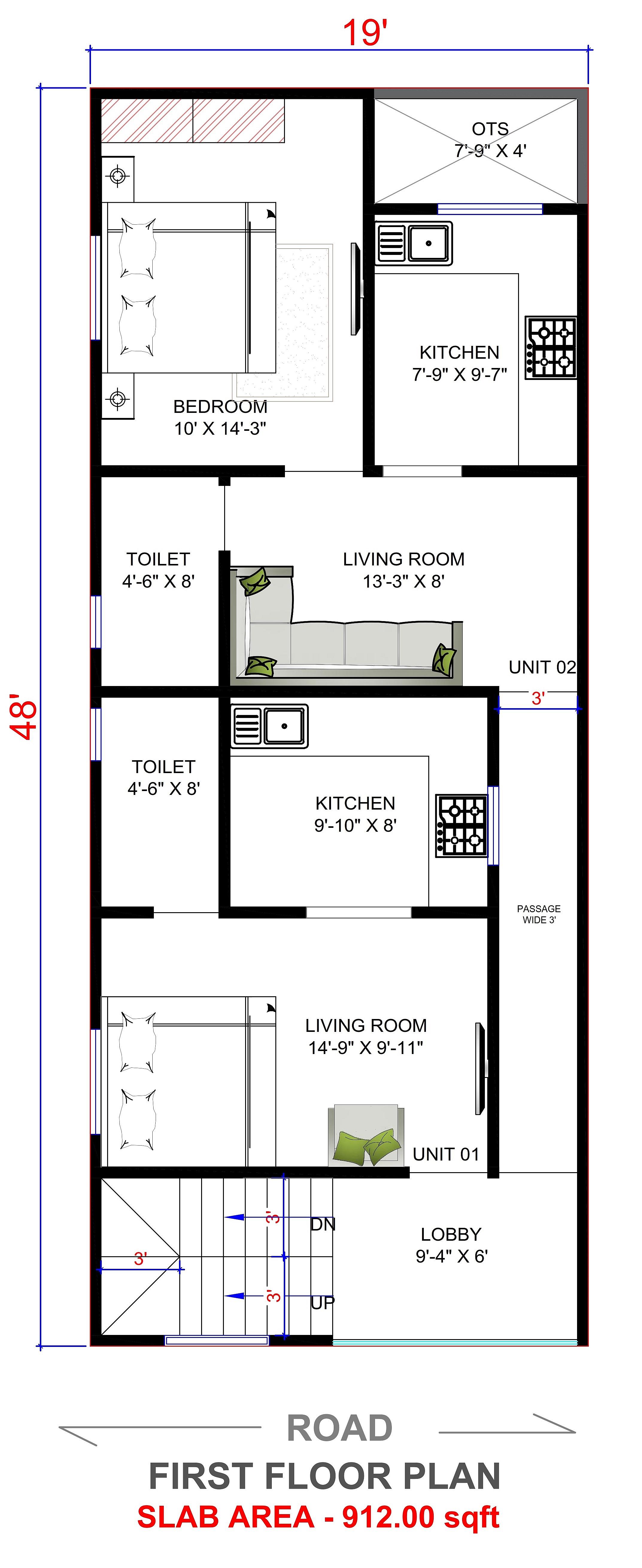 20X48 House Plan- 960 sq ft Residential Cum Commercial House Design at Jaipur thumbnail 3 — Project ID 6744