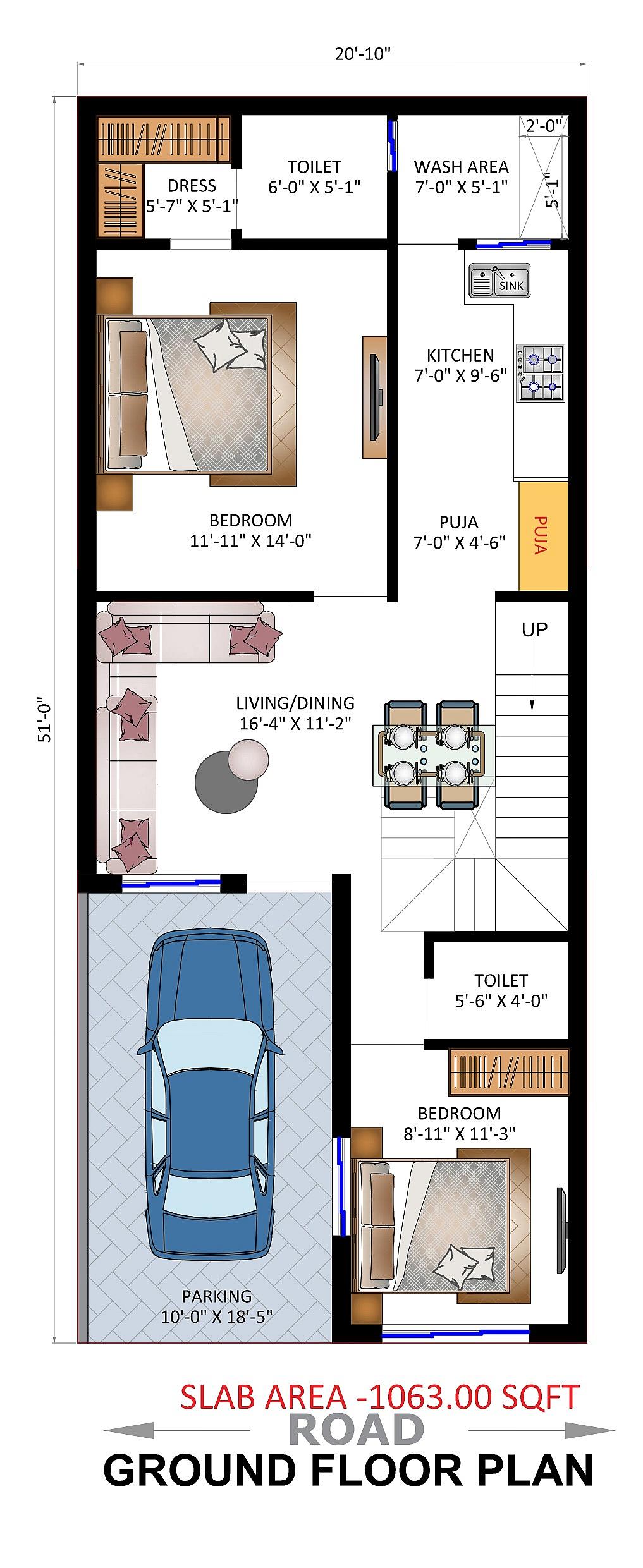 20X50 House Plan- 1000 sq ft Residential House Design at Hasanpur thumbnail 2 — Project ID 6762