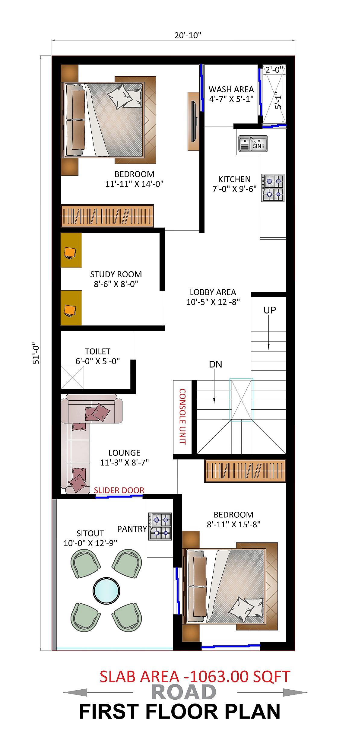 20X50 House Plan- 1000 sq ft Residential House Design at Hasanpur thumbnail 3 — Project ID 6762