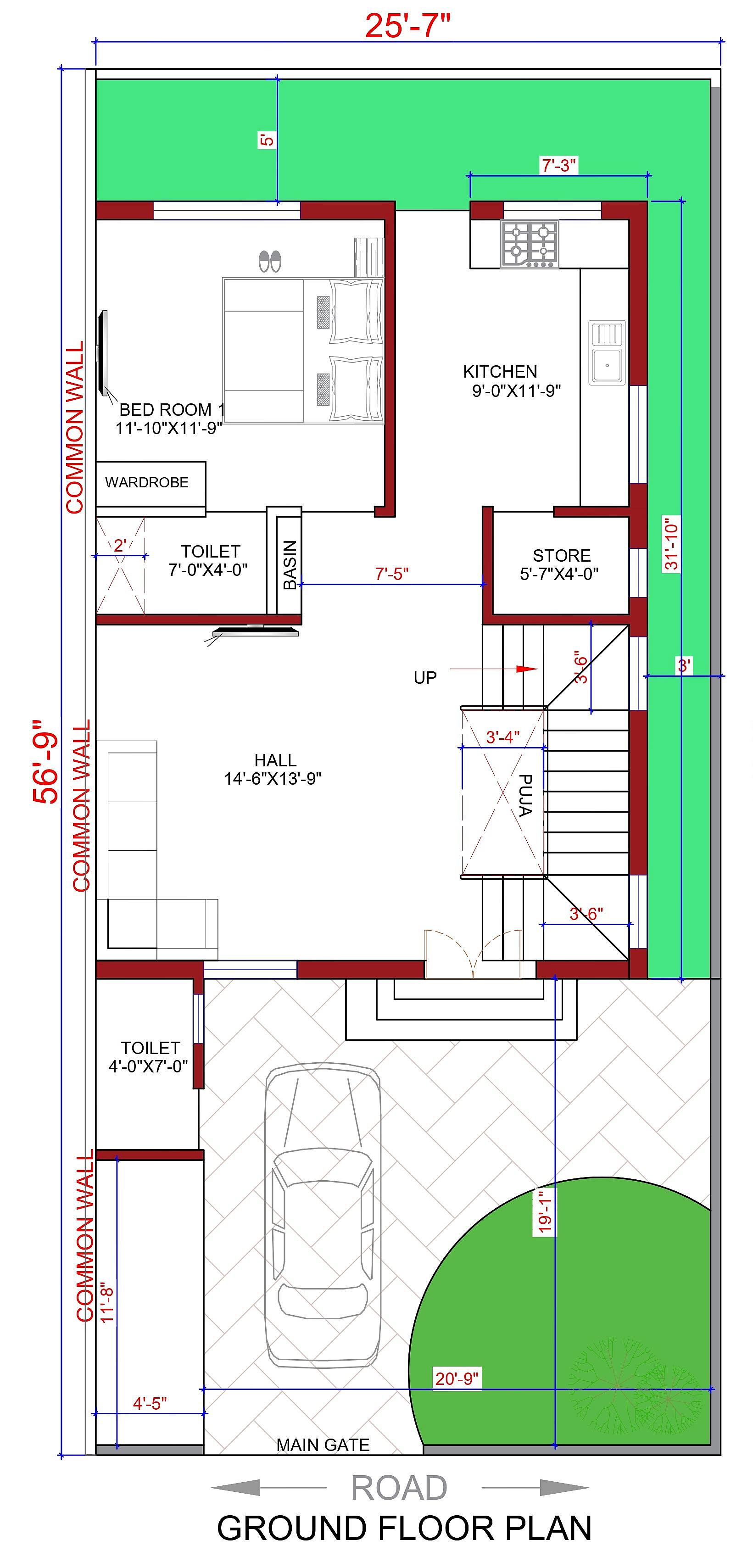 25X57 House Plan- 1425 sq ft Residential House Design at Gandhinagar thumbnail 2 — Project ID 6782