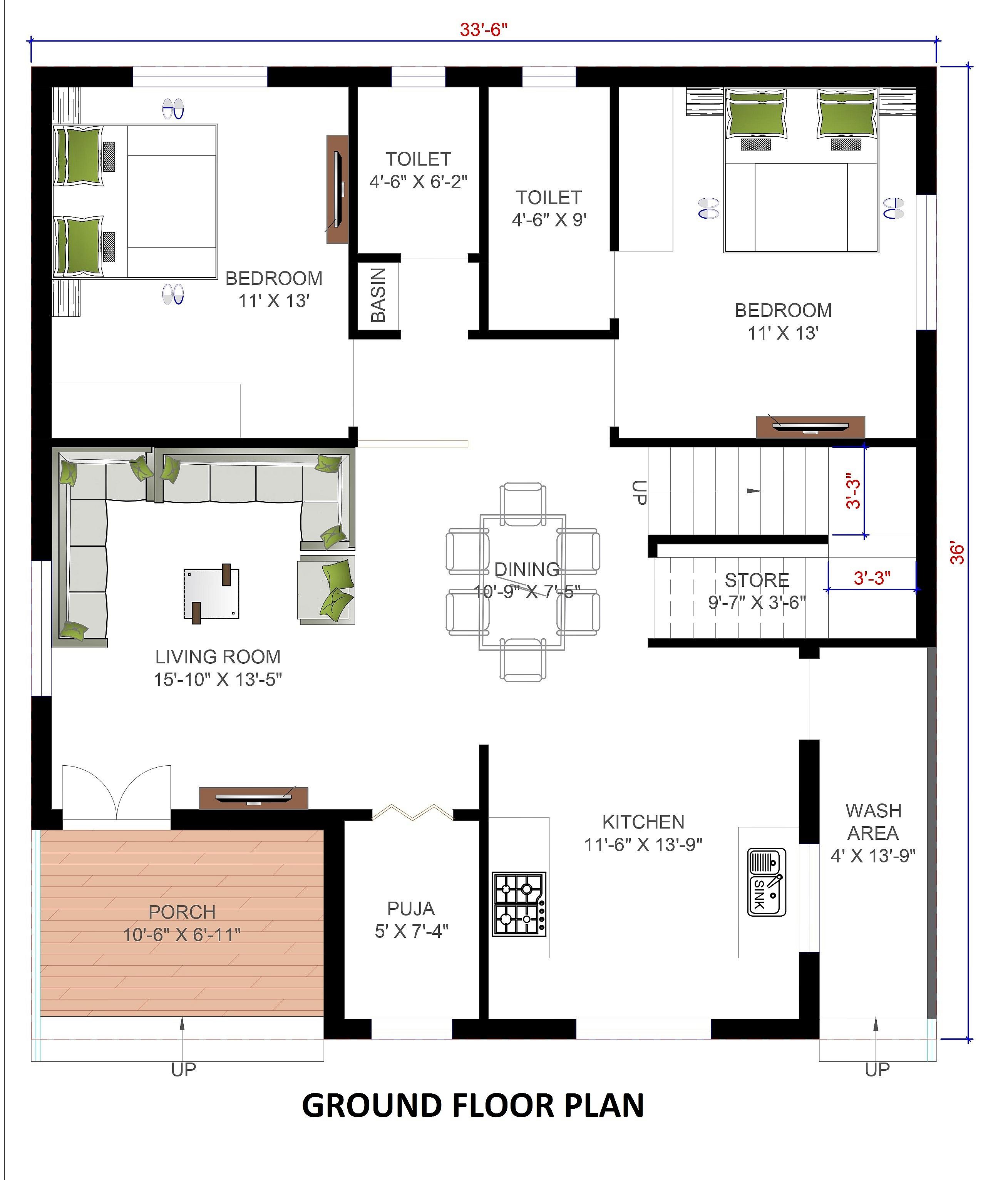 34X36 House Plan- 1224 sq ft Residential House Design at Nashik thumbnail 2 — Project ID 6801