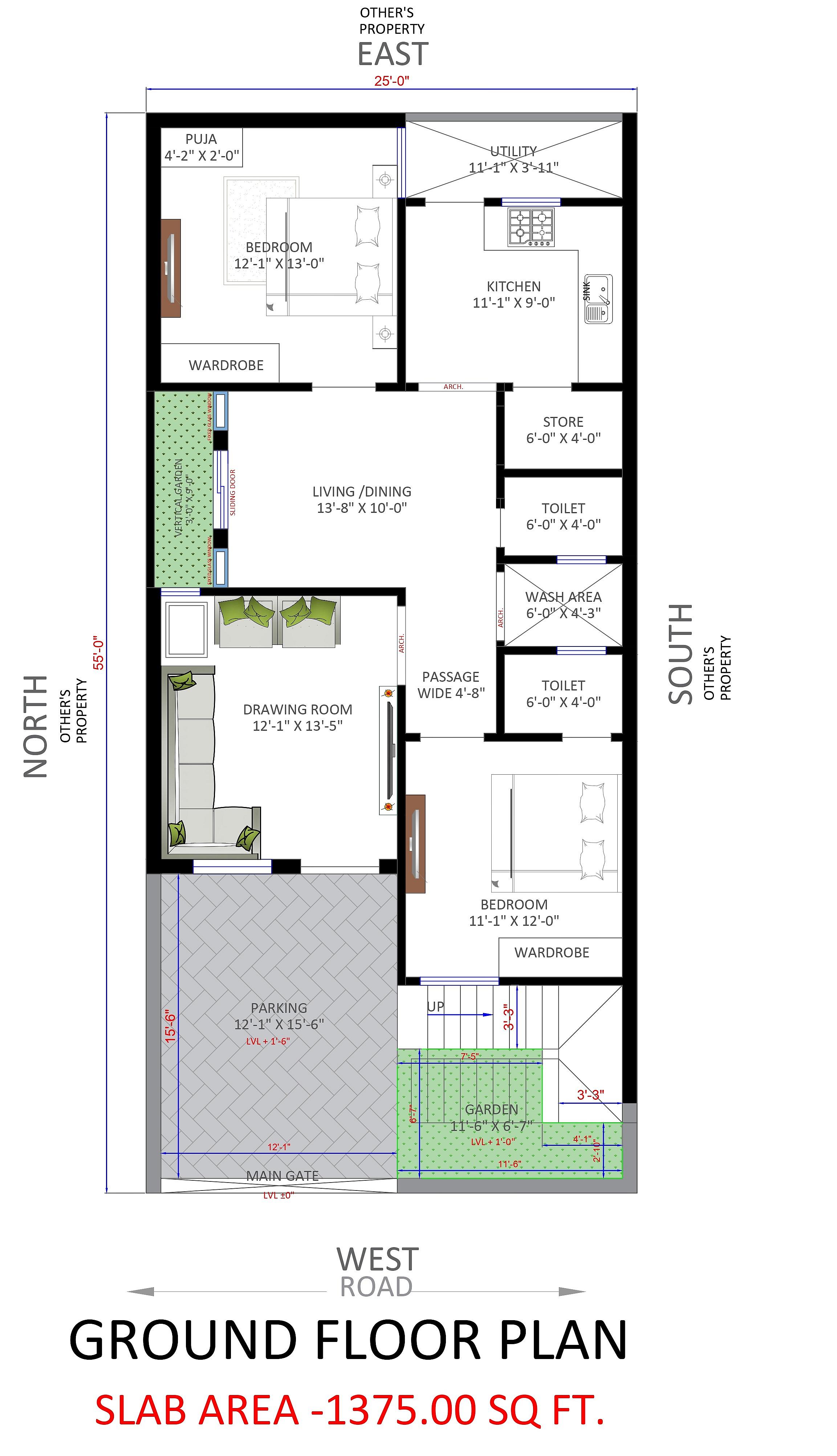 25X55 House Plan- 1375 sqft Residential House Design at Chittorgah thumbnail 2 — Project ID 6810