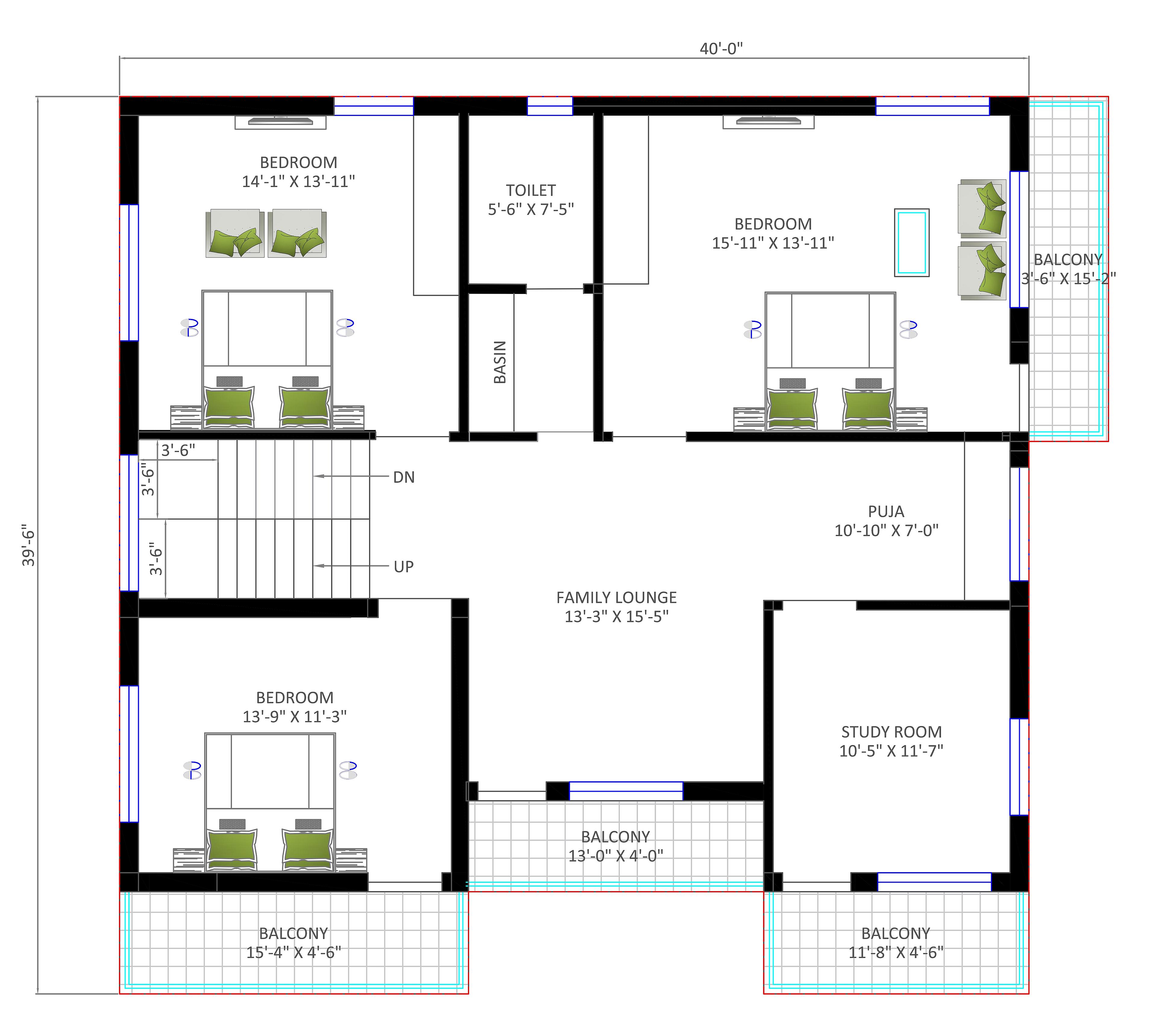 40X40 House plan- 1600 sq ft Residential House Design at Sugo thumbnail 3 — Project ID 6819