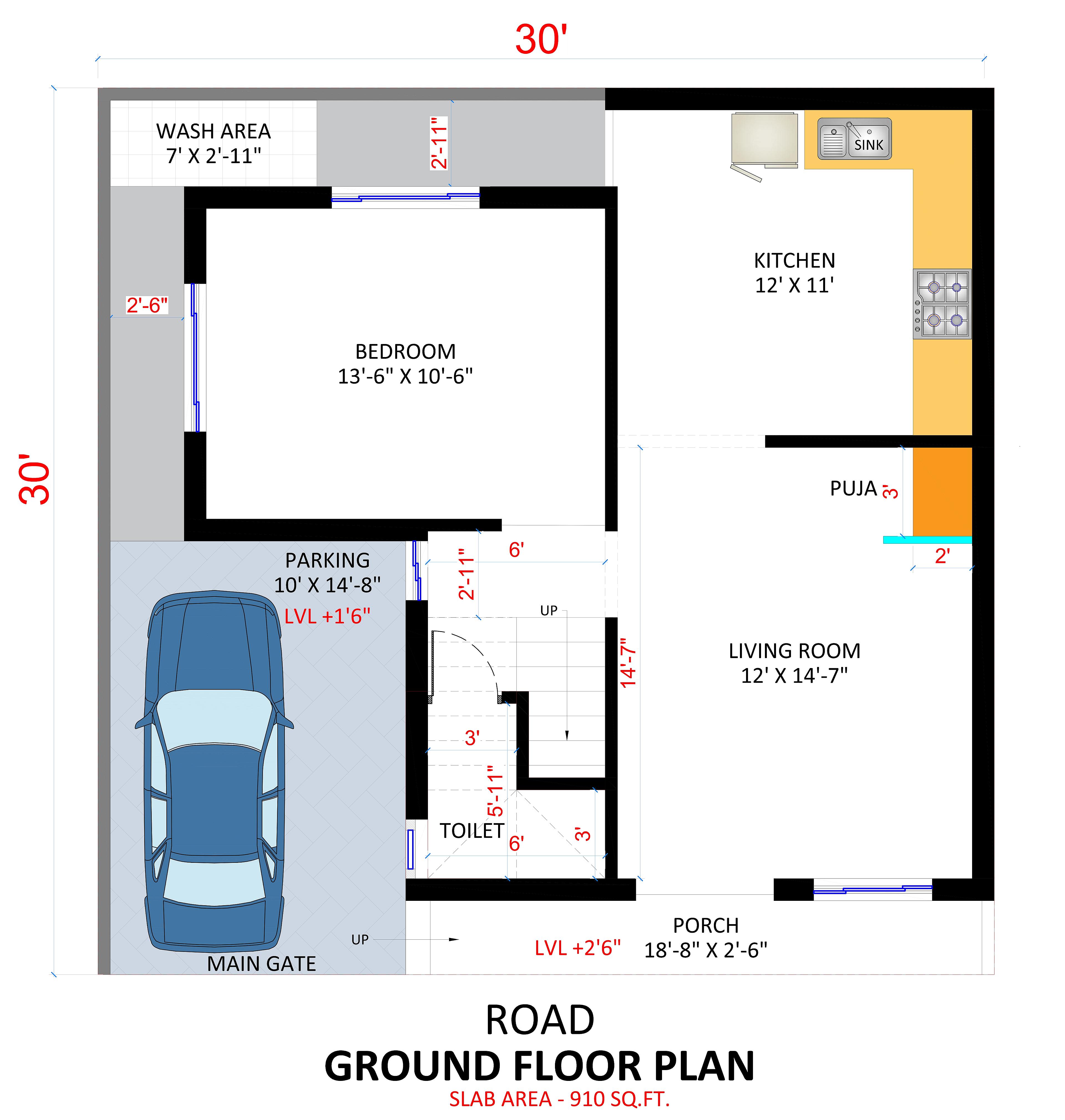 30X30 House Plan- 900 sqft Residential House Design at Ahmadabad thumbnail 2 — Project ID 6825