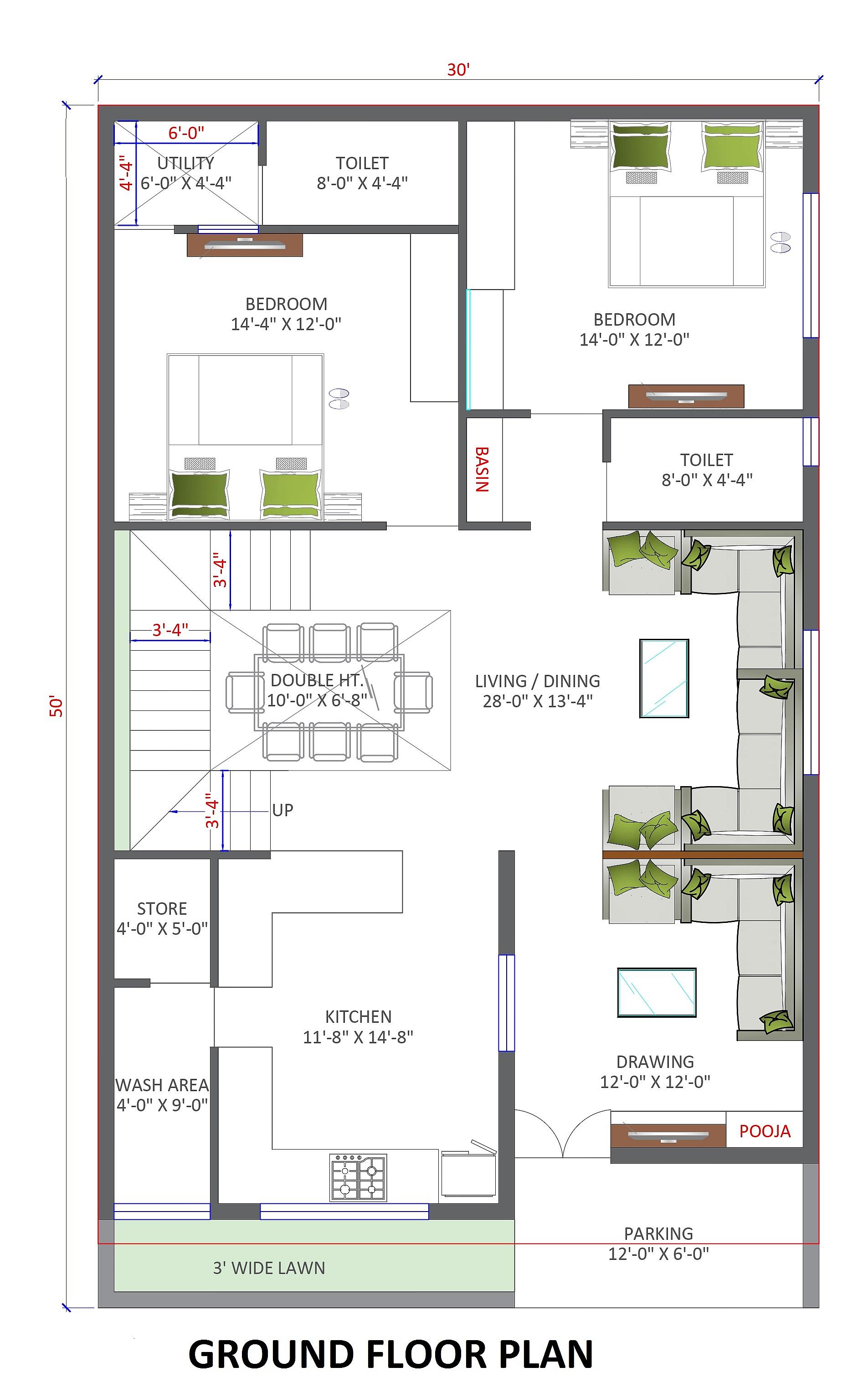 30X50 House Plan- 1500 sq ft Residential House Design at Sendhwa thumbnail 2 — Project ID 6833