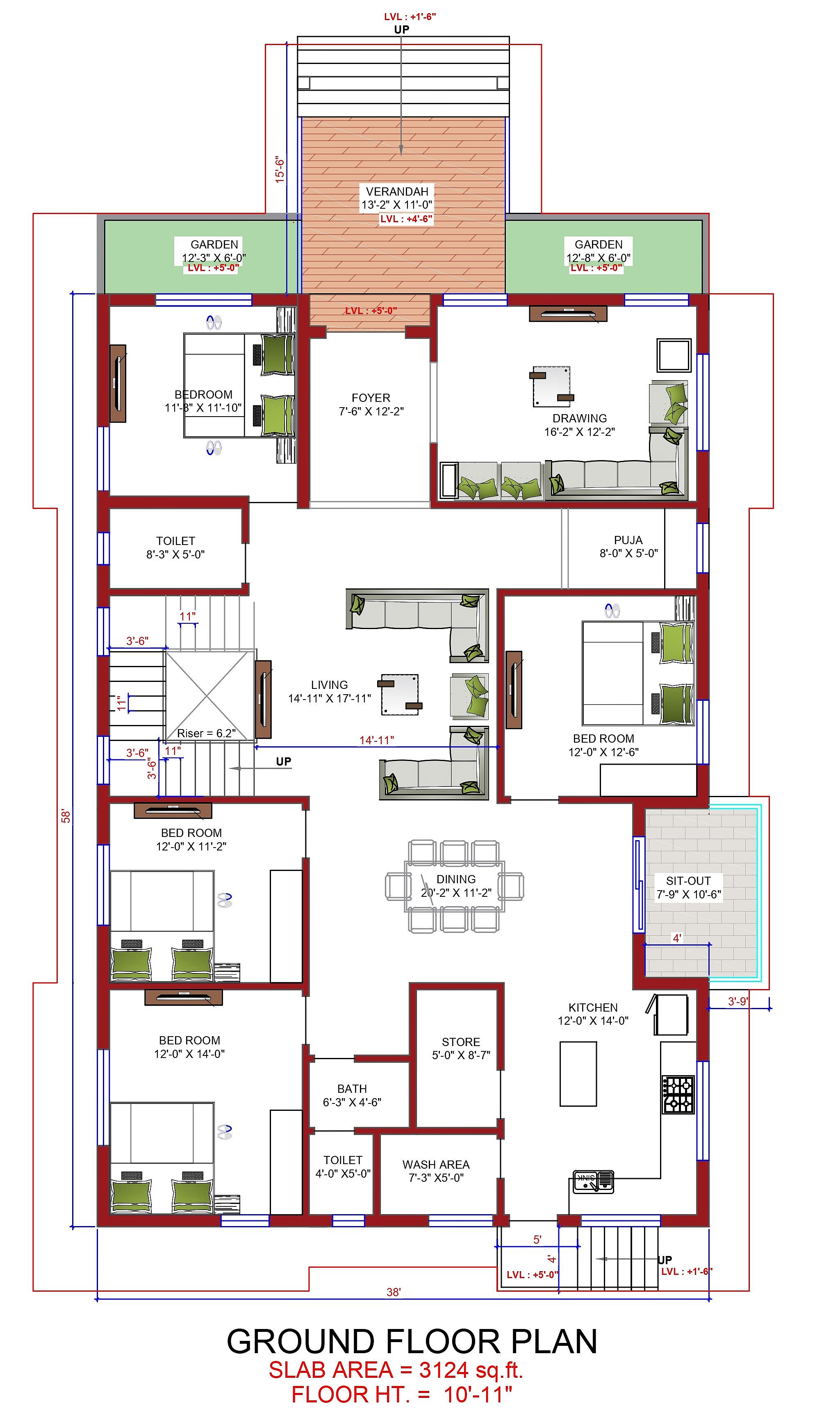 28X58 House Plan- 1624 sq ft Residential House Design at Bettiah thumbnail 2 — Project ID 6843