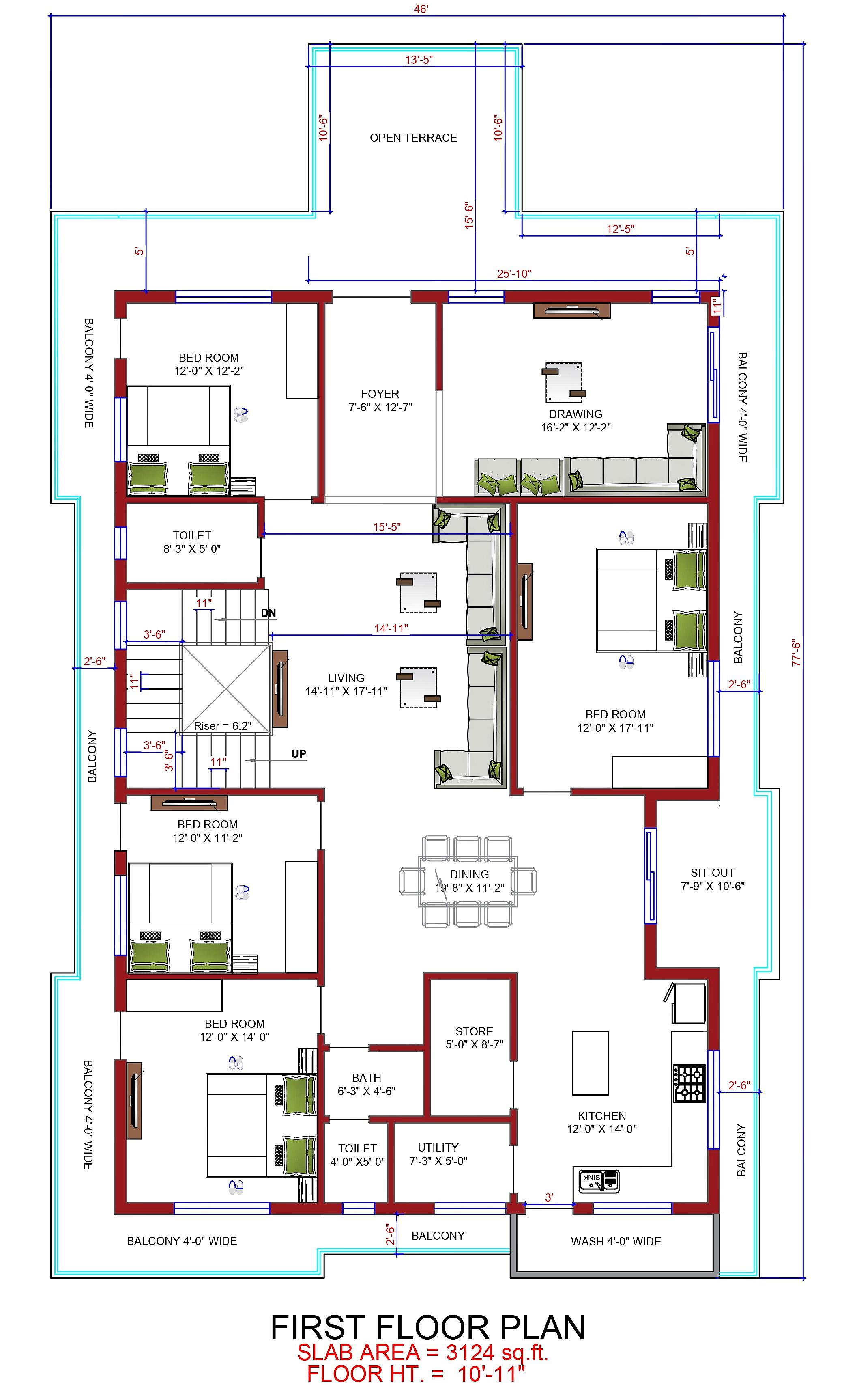 28X58 House Plan- 1624 sq ft Residential House Design at Bettiah thumbnail 3 — Project ID 6843