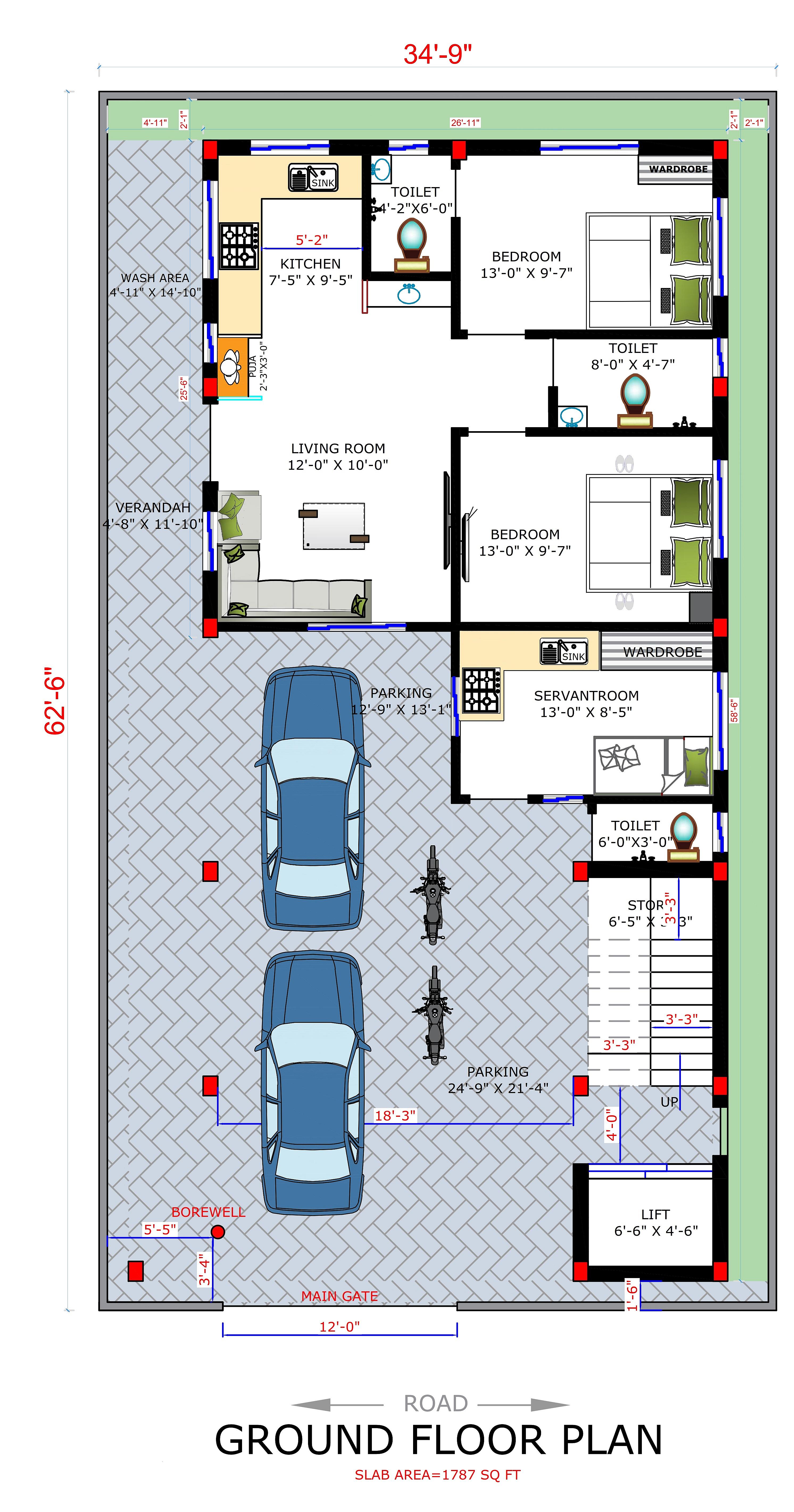35X63 House Plan- 2205 sq ft Residential House Design at Hyderabad [TG]