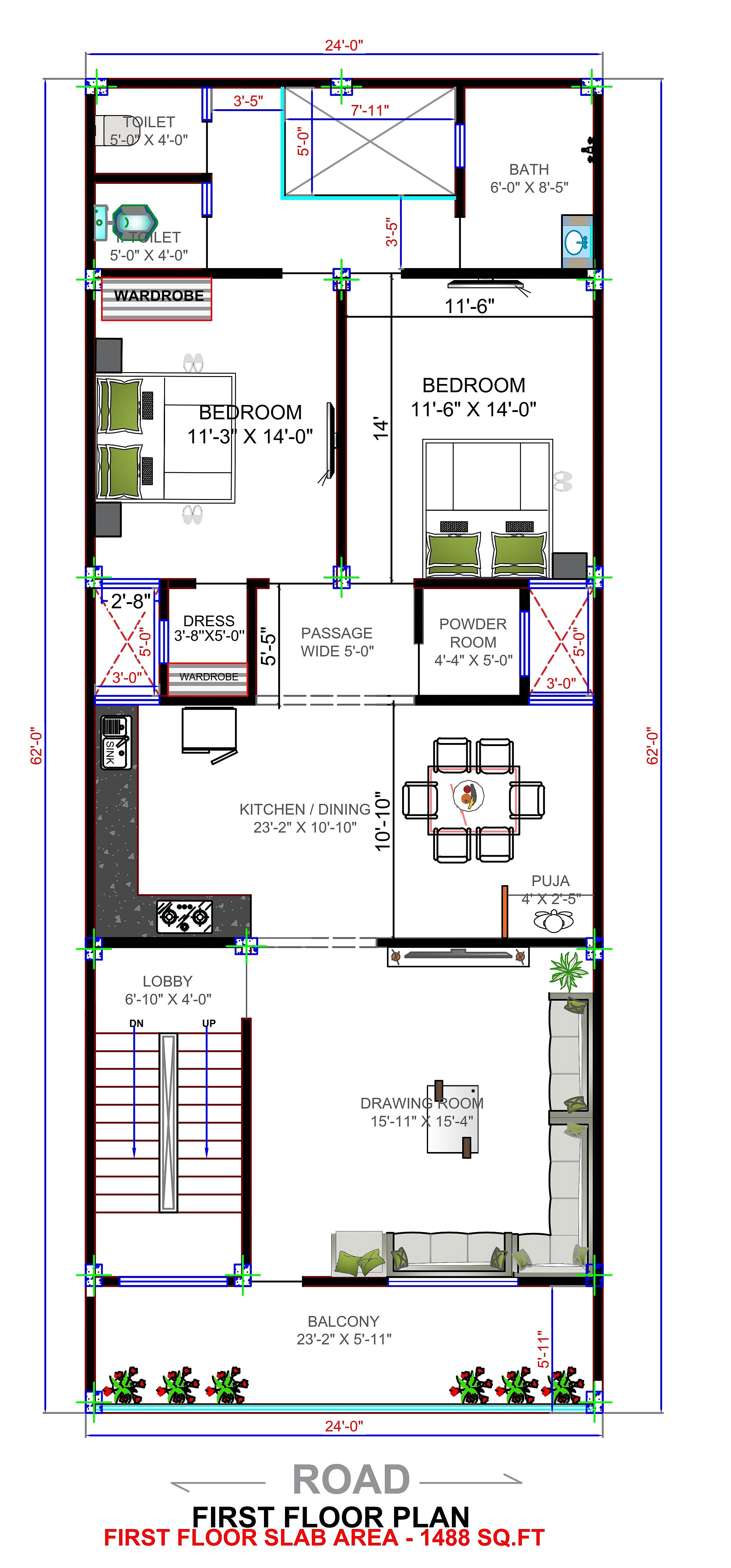 24X62 Apartment Plan- 1488 sq ft Residential Cum Commercial House Design at Agra thumbnail 3 — Project ID 6854