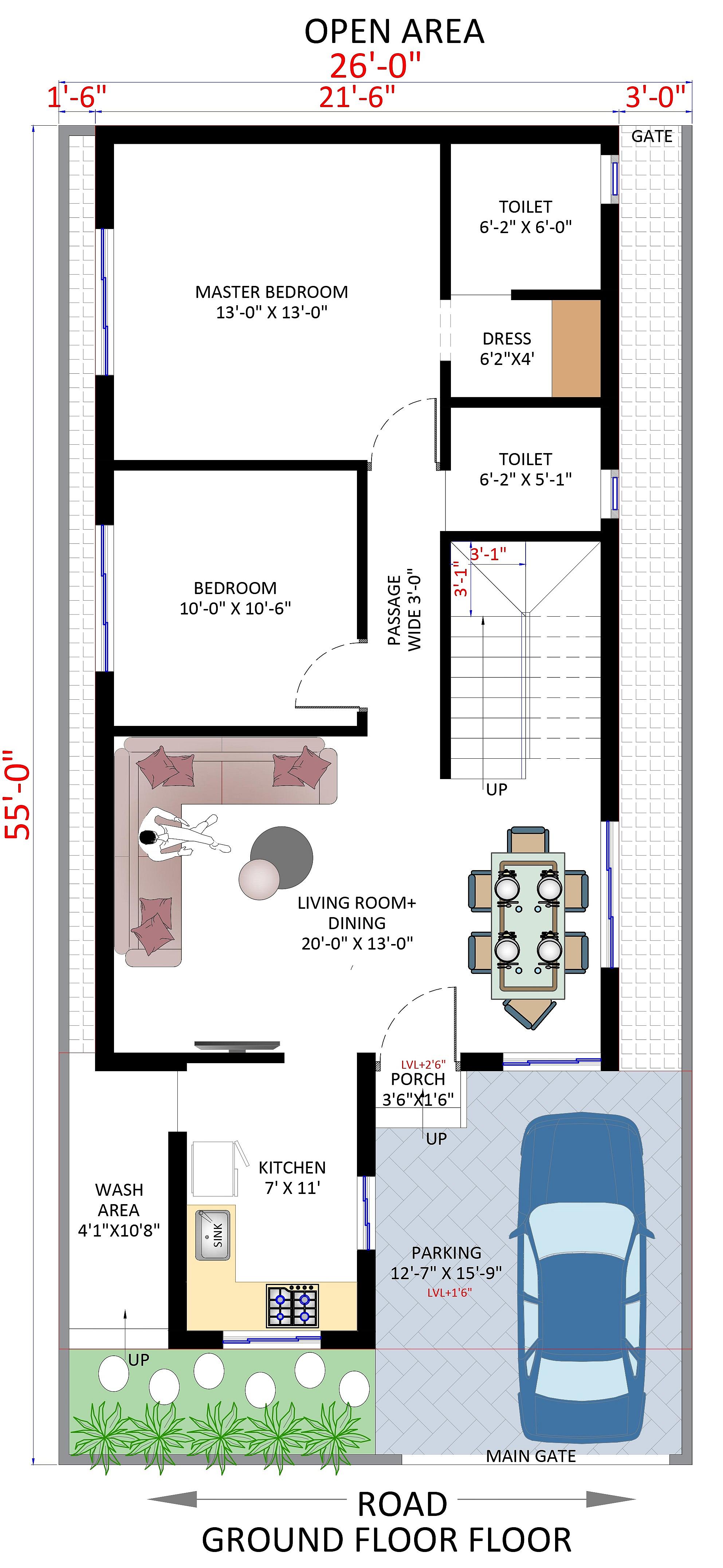 26X55 House Plan- 1430 sq ft Residential House Design at Coimbatore [TN]