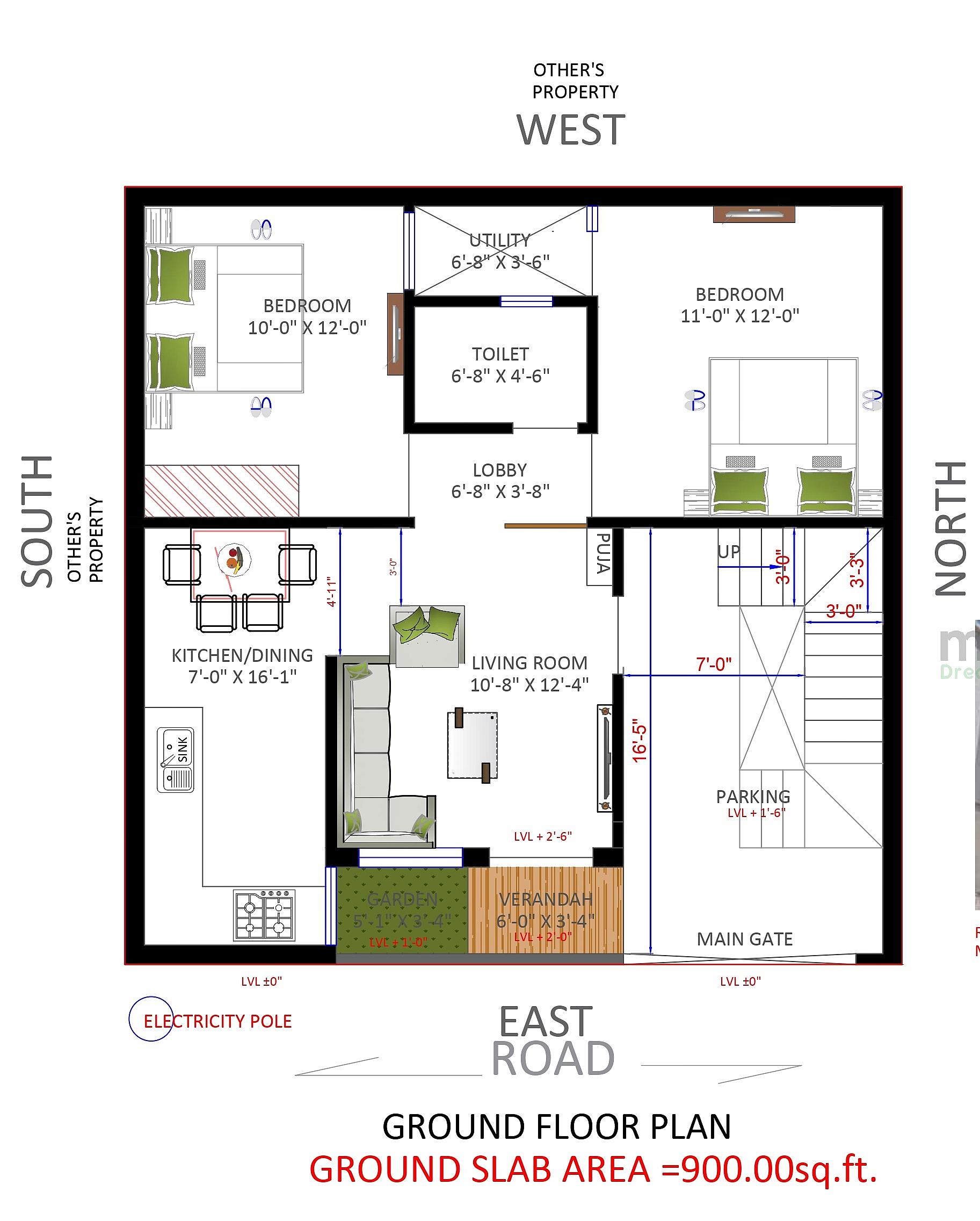 30X30 House Plan- 900 sq ft Residential House Design at Vijayawada thumbnail 2 — Project ID 6898