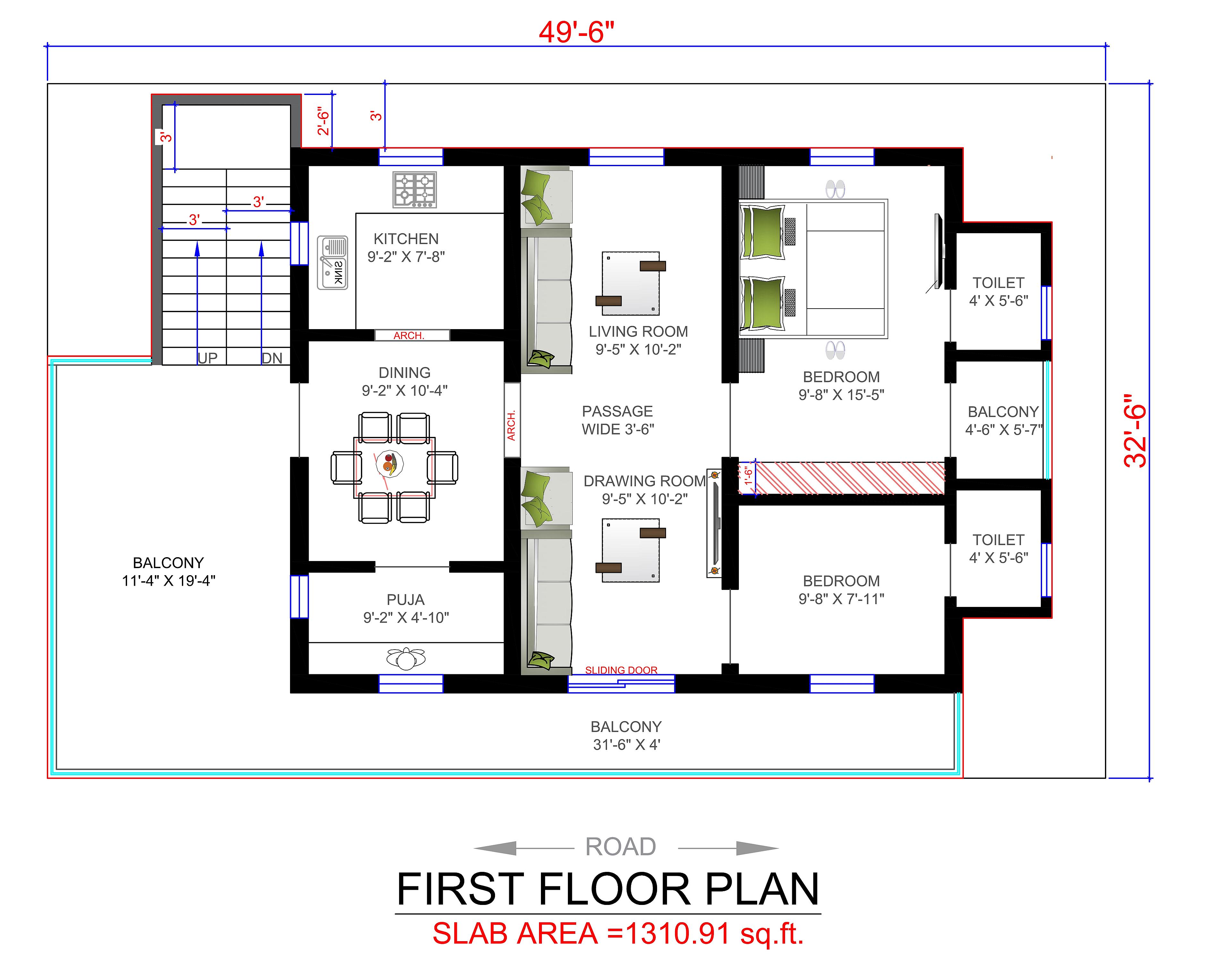 50X33 House Plan- 1650 sq ft Residential House Design at Guntur thumbnail 3 — Project ID 6907